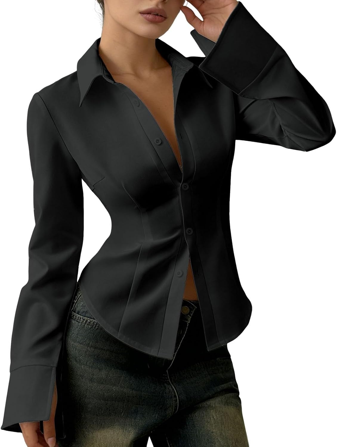 Women's Slim-Fit Button-Down Long-Sleeved Casual Shirt, Suitable for Daily Commuting, Women Shirts Long Sleeve