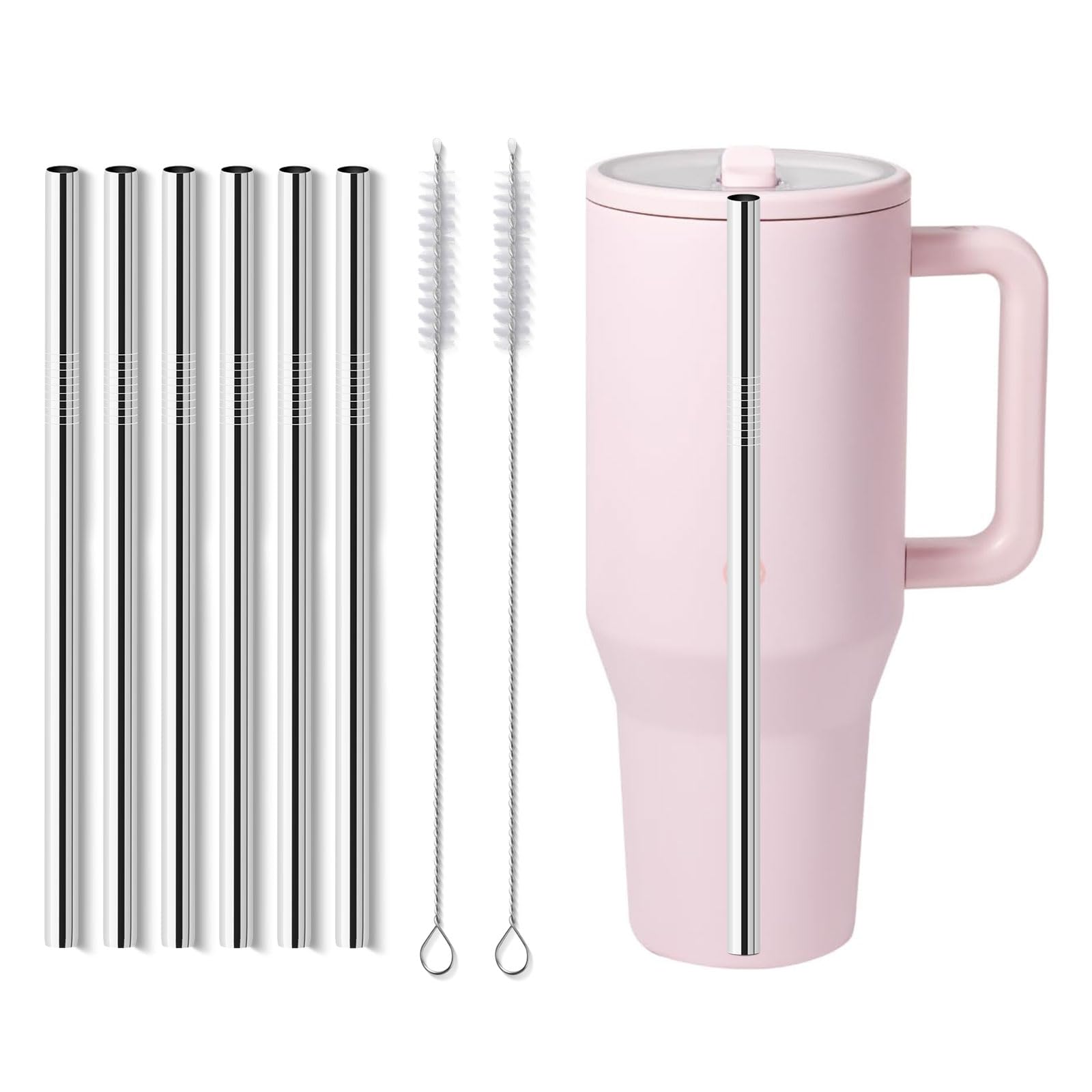 Hydrojug 6 PCS Reusable Stainless Steel Straws Compatible with 40 oz Tumbler, 2 Cleaning Brush, Wide Straws for Smoothies