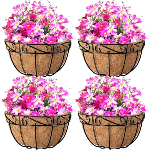 Amagabeli 4 Pack 14 Inch Metal Hanging Baskets Planter Outdoor Round Wire Hanging Basket for Plants with Coco Fiber Liners Chain Plant Holder for Garden Patio Deck Porch Plants Vegetables Flower Pots