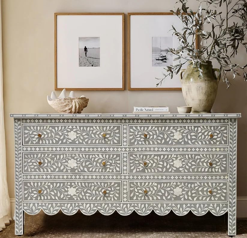 Handcrafted Bone Inlay Chest of Drawers ? 6 Drawer Storage Cabinet | Floral Pattern Sideboard Dresser | Decorative Furniture-image-28
