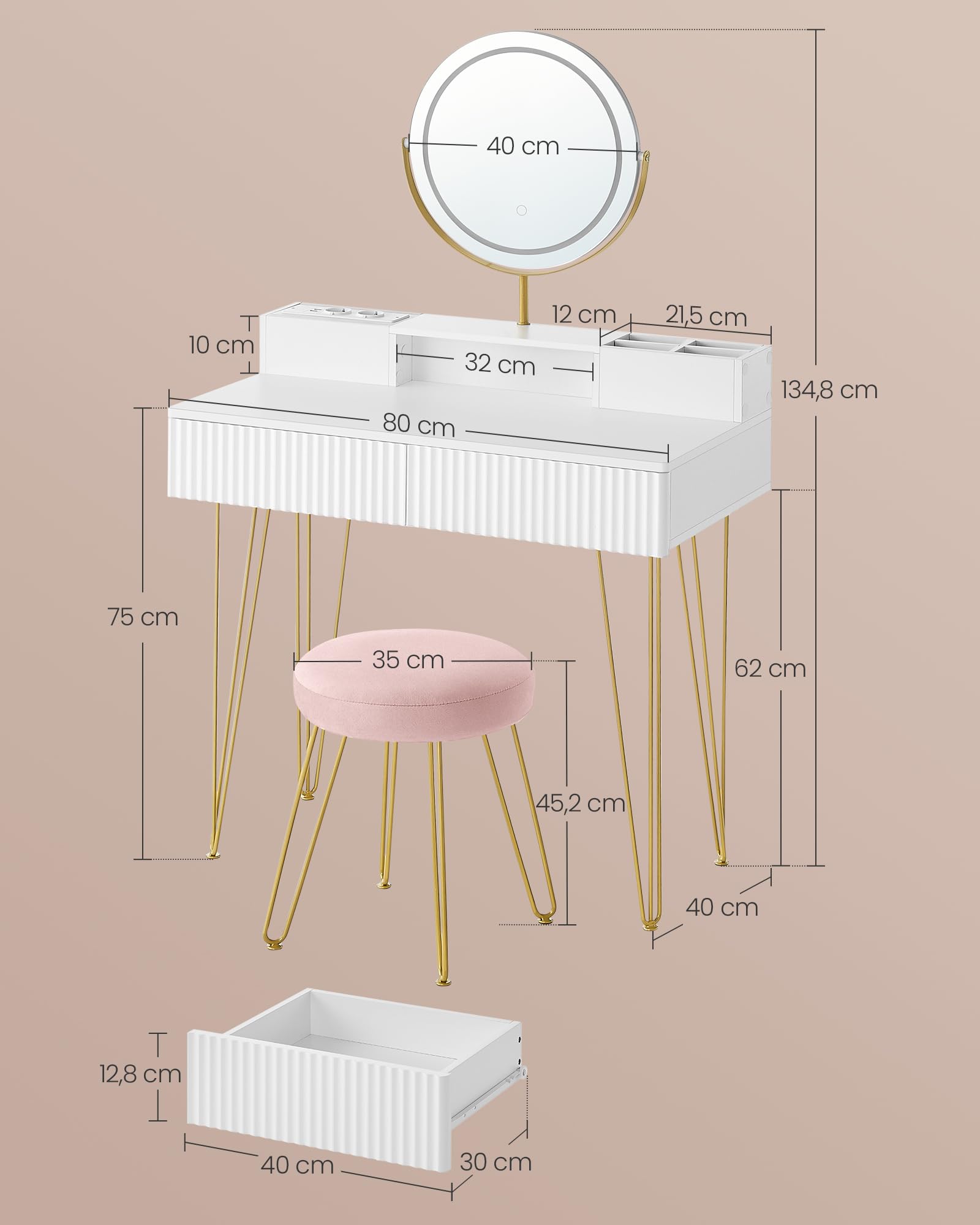 VASAGLE Coiffeuse avec Miroir Pivotant et Taboutret, Miroir Coiffeuse, avec Éclairage et Multiprise, Tabouret Rembourré, pour Chambre, Coiffeuse, 40 x 80 x 134,8 cm, Blanc Mat et Doré Clair RVT019W01