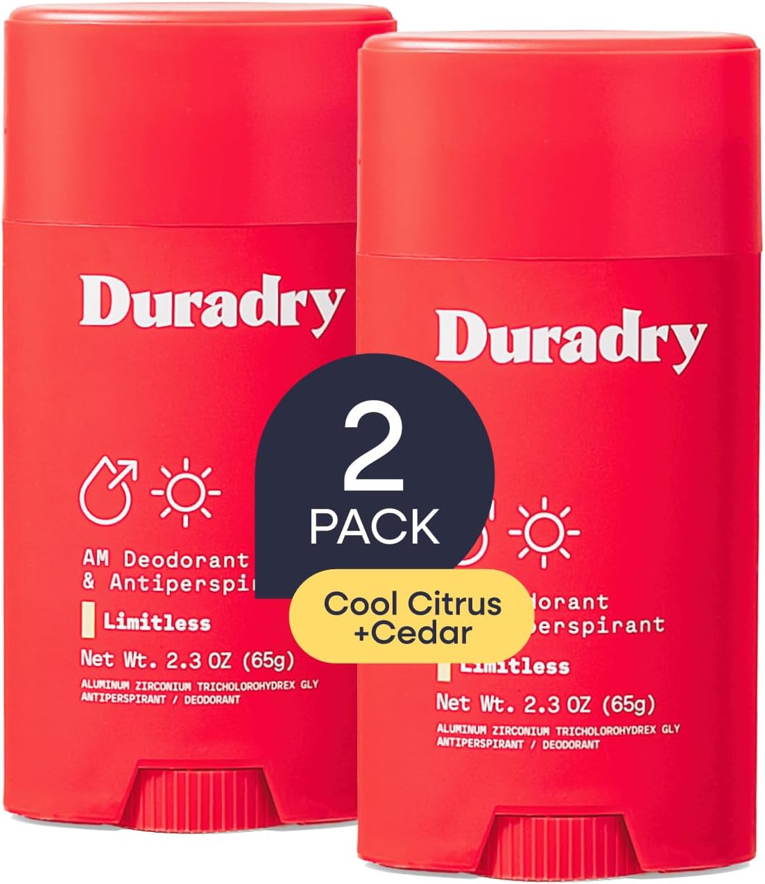 Duradry Clinical-Strength Antiperspirant Deodorant for Women and Men – Clean Formula with Natural Ingredients – Fights Odor & Excessive Sweat – Limitless (Cool Citrus + Cedar) - Pack of 2