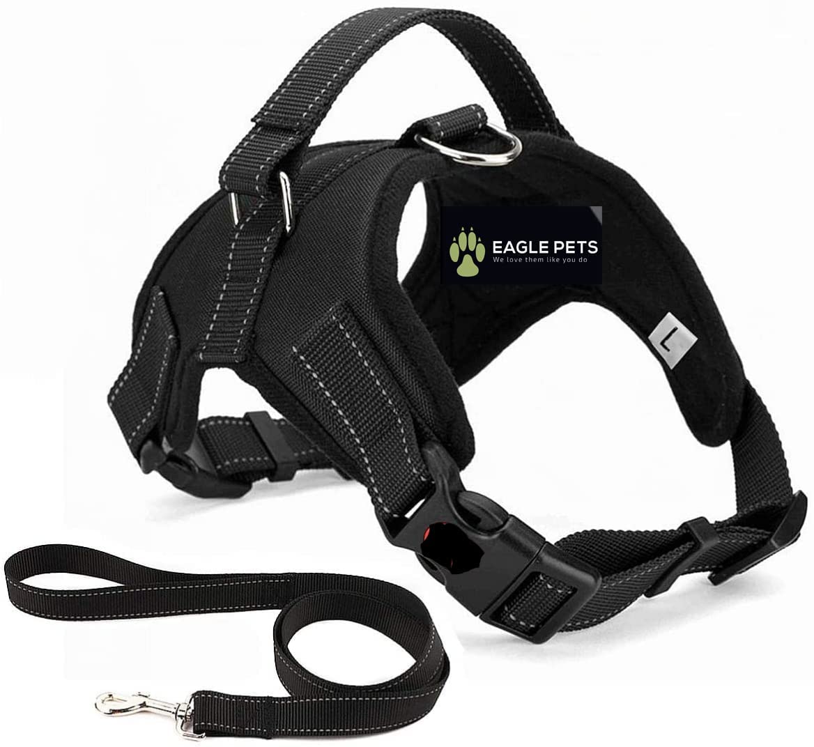 Eagle Pets No Pull Dog Harness, Breathable Adjustable Comfort, Free Leash Included, for Small Medium Large Dog, Best for Training Walking. (Black, Large)