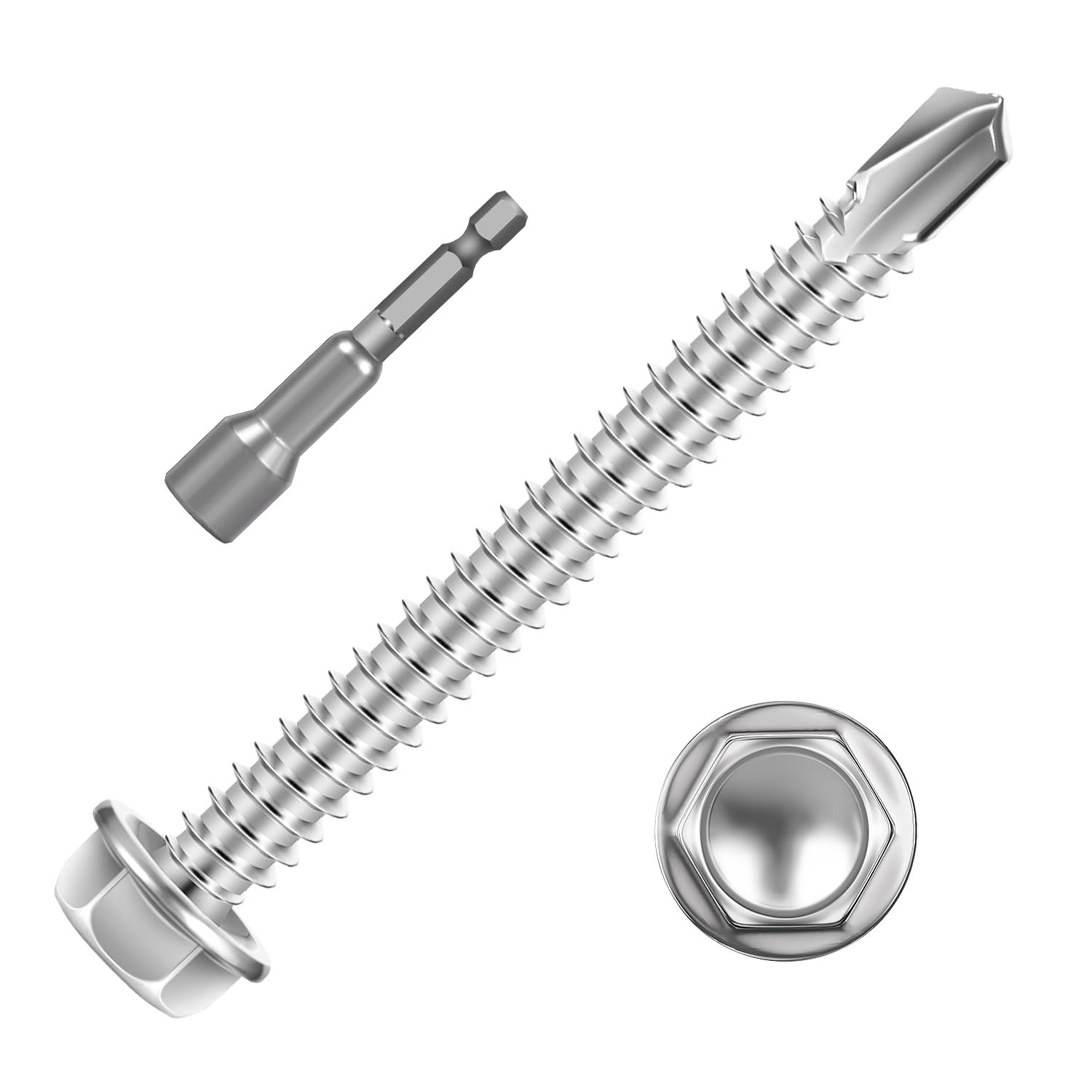 #12 x 2-1/2" (100 PCS) Sheet Metal Screws, Hex Washer Head Self Drilling Screw, 410 Stainless Steel Flanged Fast Self Tapping Screws, Hex Bit Socket Included
