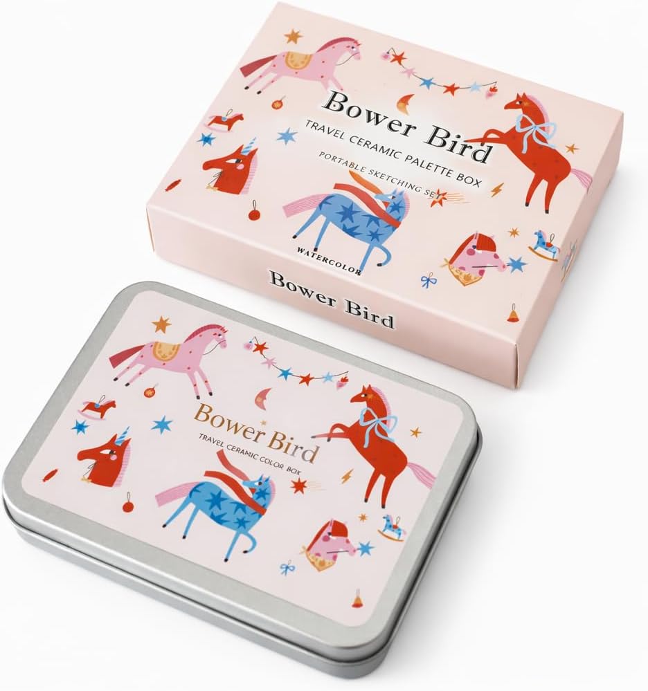 Bower Bird Travel Ceramic Watercolor Palette with Porcelain Mixing Tray, Metal Tin Box, White, 5.3x3.5x0.55 Inches, Portable Art Kit (8Well)