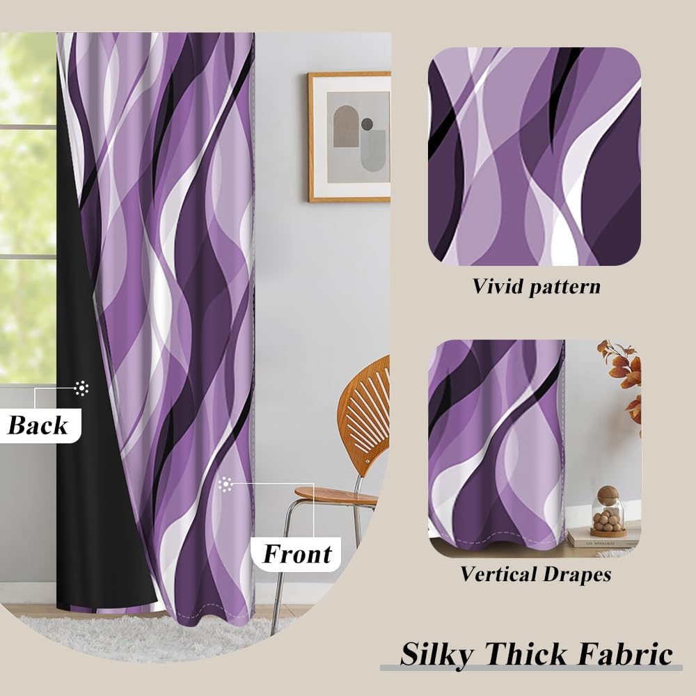 Ombre Purple Blackout Window Curtains Abstract Art Aesthetic Gradient Kitchen Curtains Geometric Wave Lines Thermal Insulated Room Darkening Window Drapes Home Decor,26x84 inch,2 Panels