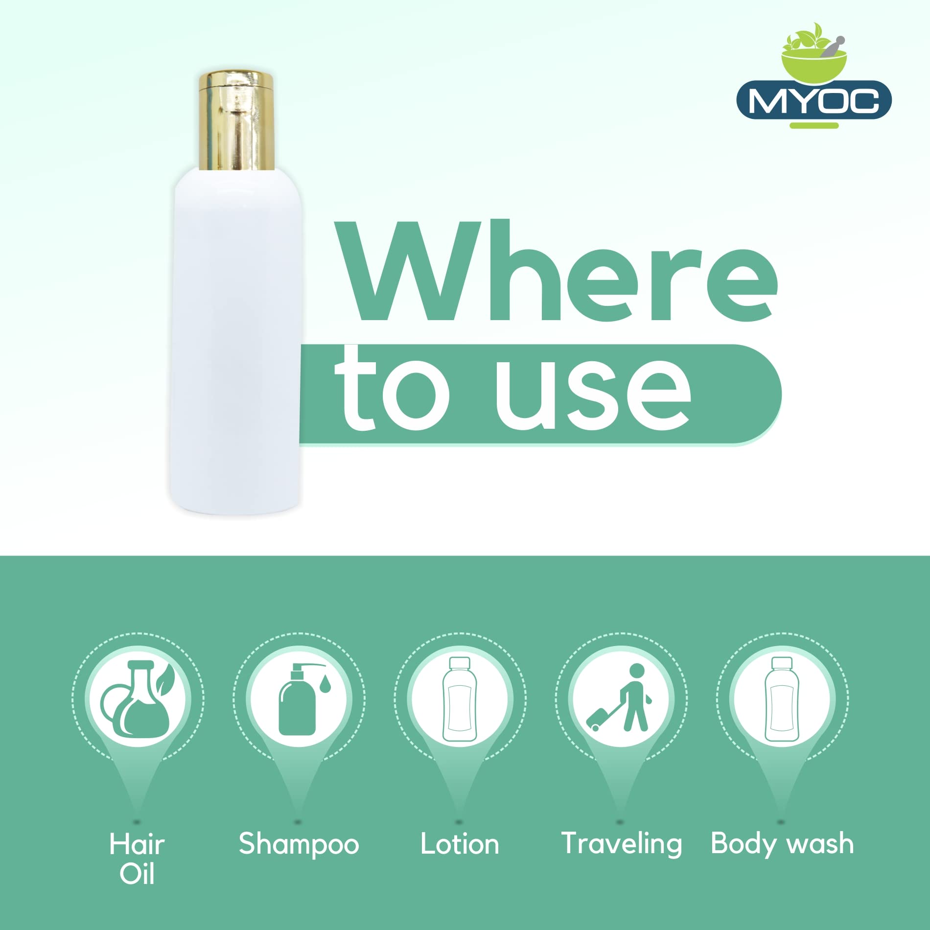 MYOC 100ml White Cosmetic Grade HDPE Bottles - Pack of 6, Refillable & Reusable with Golden Flip-top Caps for Shampoo, Massage, Hair Oil, Multipurpose Use 4