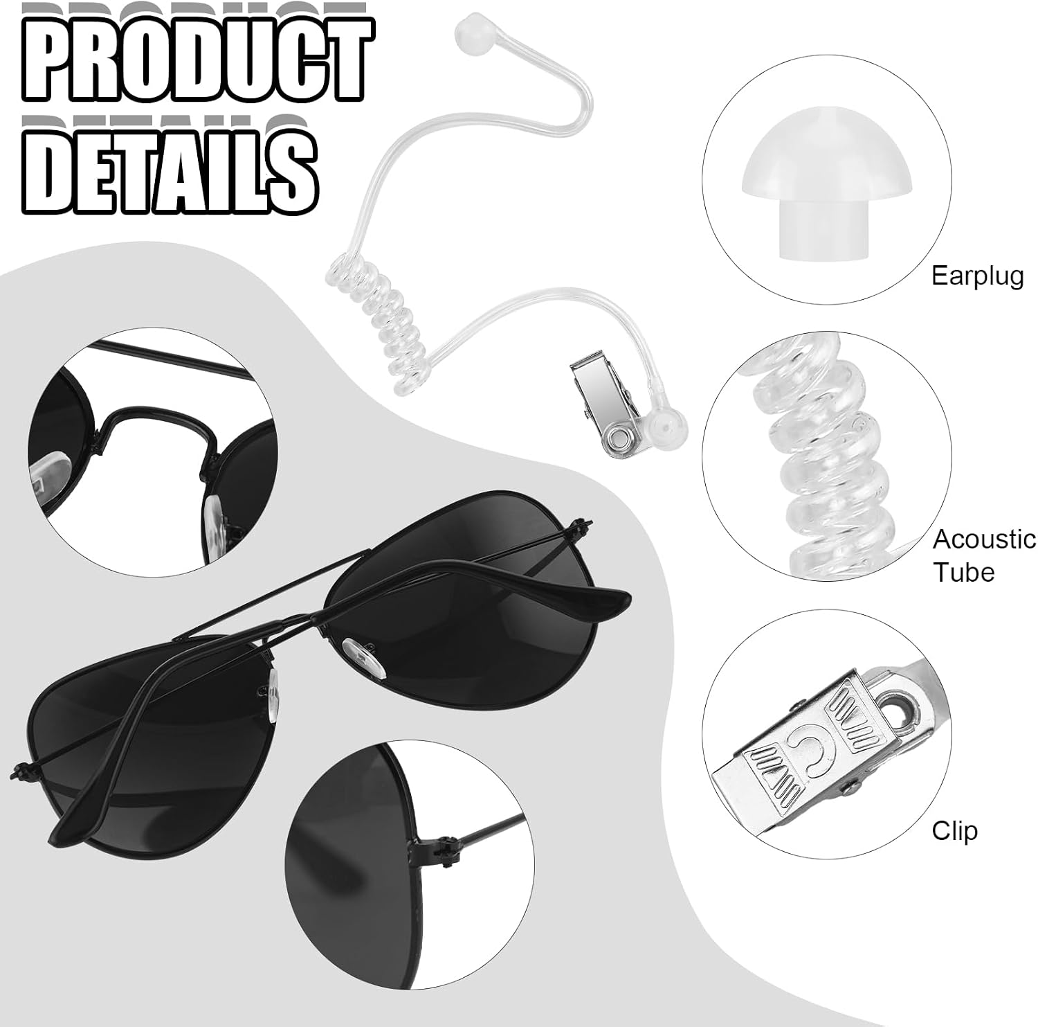 Set of 20 Halloween Agent Accessory Kit Secret Security Guard Prop Costume Adjustable Pretied Necktie Black Sunglasses Earpiece ID Badge for Men Halloween Cosplay Party Game
