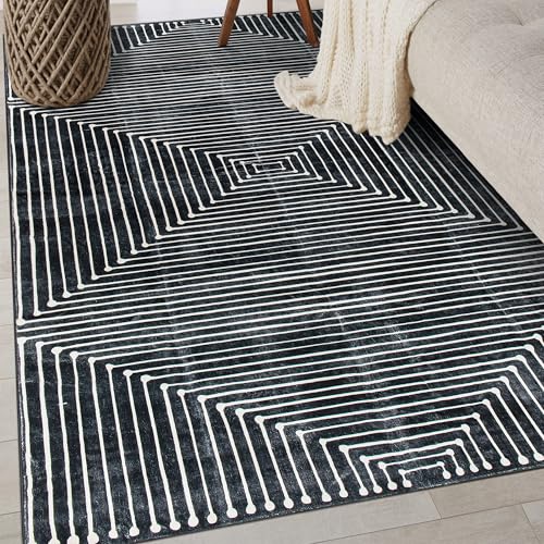 Rugshop Marbella Bohemian Stripes Washable Non Slip Area Rug 3' x 5' Black