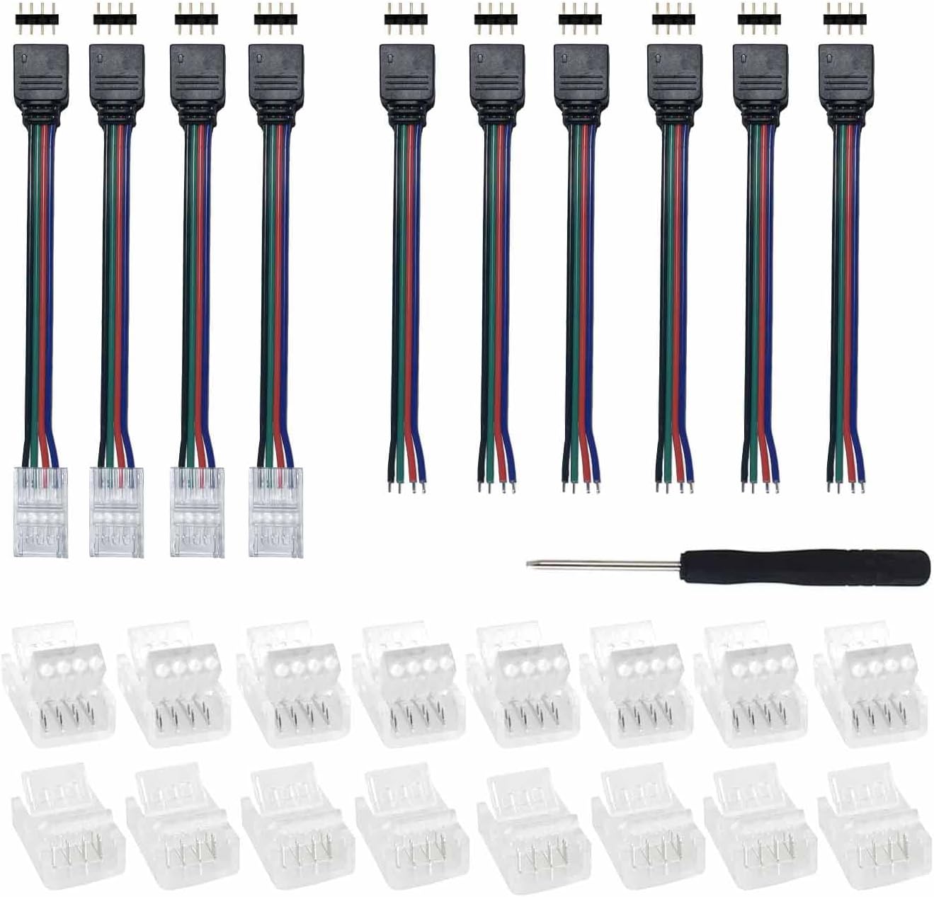 4 Pin 8mm LED Strip Connector Kit,16pcs Solderless Strip to Strip and Strip to Wire Connectors, 10pcs Strip to Controller Jumper for 2835 5050 RGB LED Strip Light (SMD8MM)