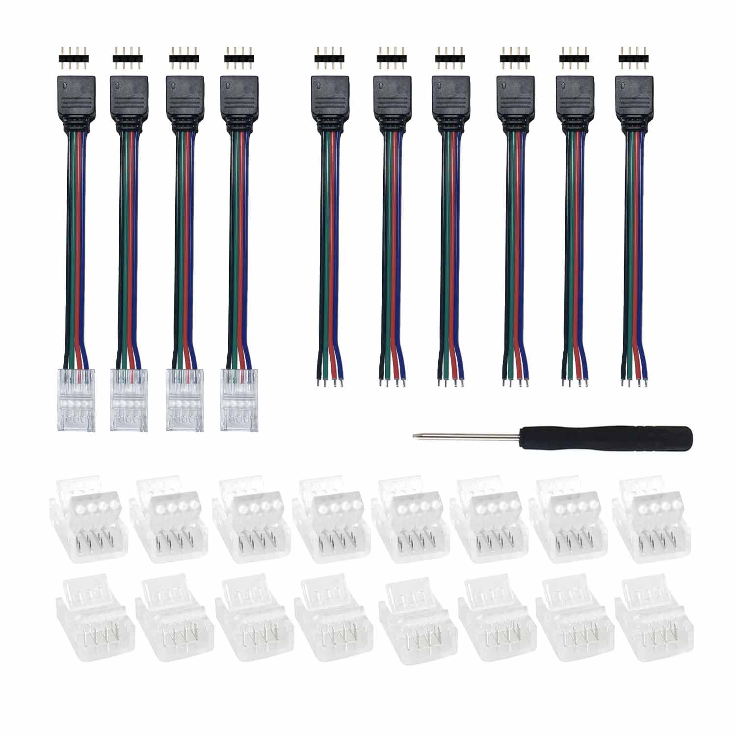 4 Pin 8mm LED Strip Connector Kit,16pcs Solderless strip to strip and strip to wire Connectors, 10pcs Strip to Controller Jumper for 2835 5050 RGB LED Strip Light (8mm-smd)
