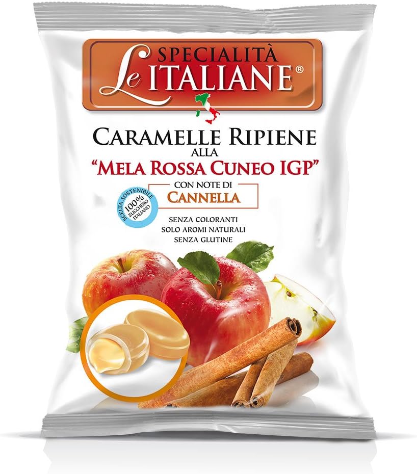 Serra Le Italiane, Italian natural hard candy filled with Red Apple from Cuneo (Italy) and a hint of cinnamon. 100g (3,52oz) bag