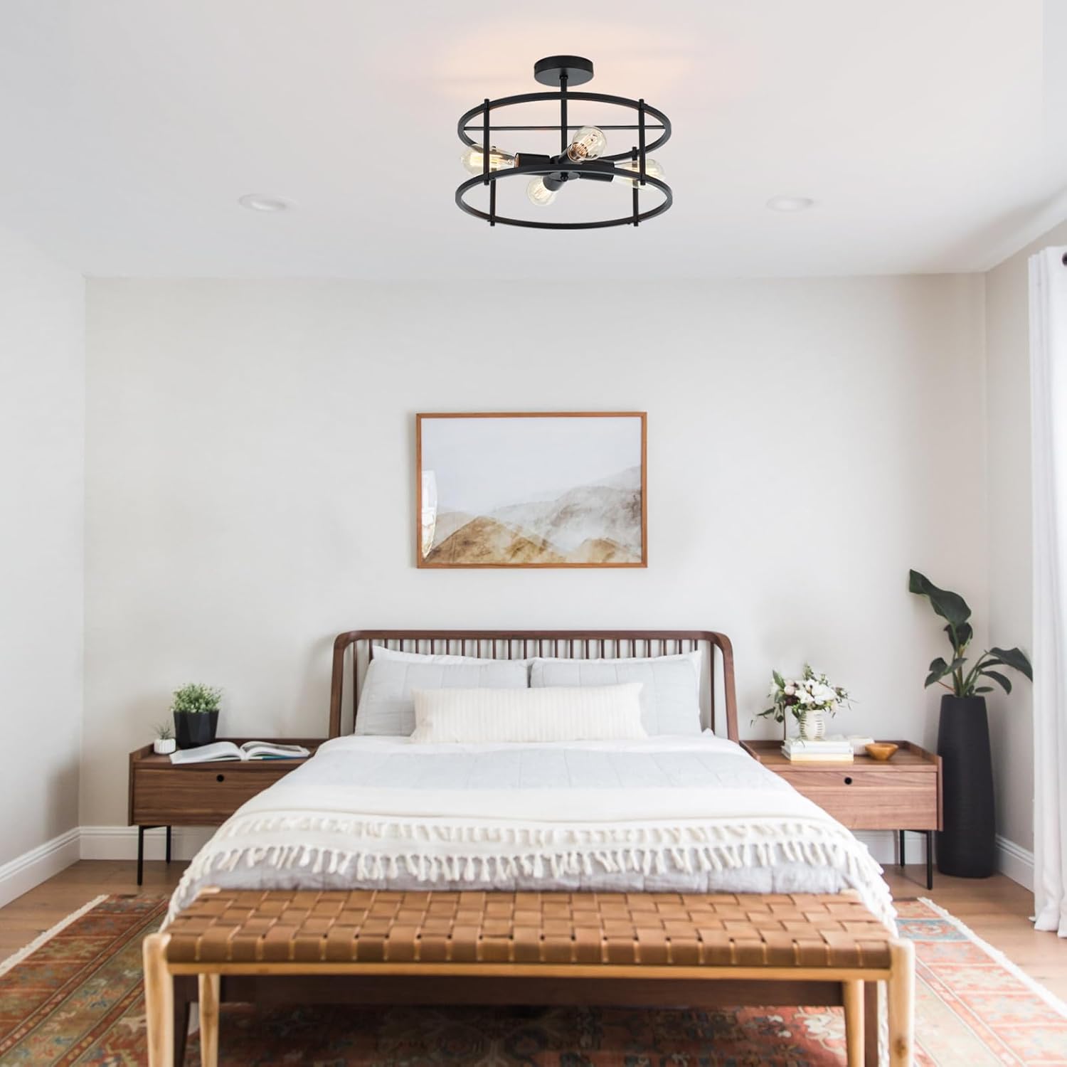 Modern Semi Flush Mount Ceiling Light Industrial 4 Lights Farmhouse Chandelier for Kitchen Dining Room Bedroom Hallway Living Room, Matte Black, Dia 17”, UL Listed