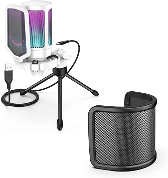 FIFINE USB Gaming Microphone with Pop Filter Bundle, PC Streaming Mic with Quick Mute Kit, RGB Recording Podcasting Condenser Mic for YouTube, Video, Studio A6W+U1