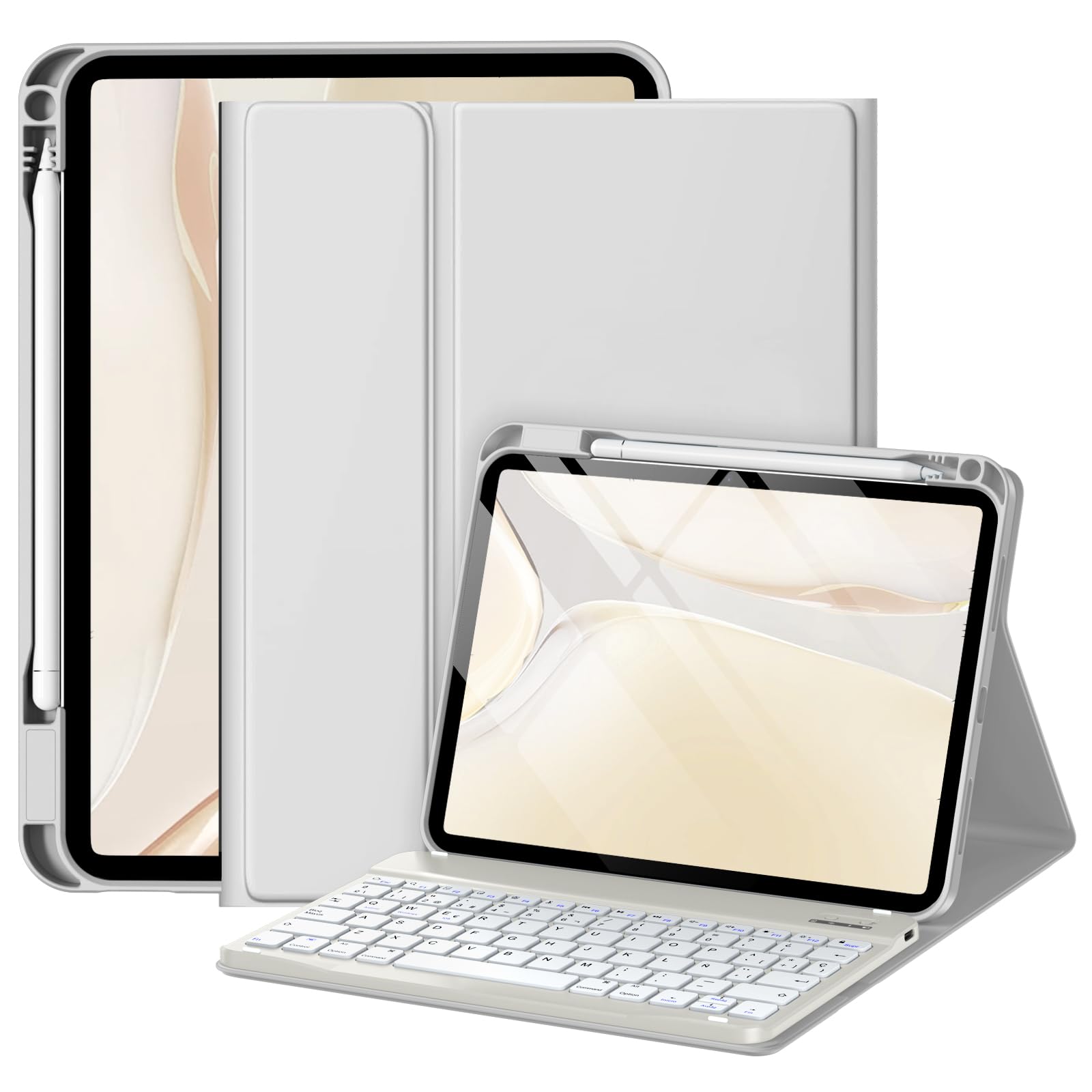 drivego Funda con Teclado for iPad A16 11ª Generación 2025/10.ª Gen 2022 (11/10,9 Pulgadas), QWERTY Español Ñ, Teclas Anticaídas, Teclado Bluetooth Magnético Desmontable con portalápices, Gris Claro