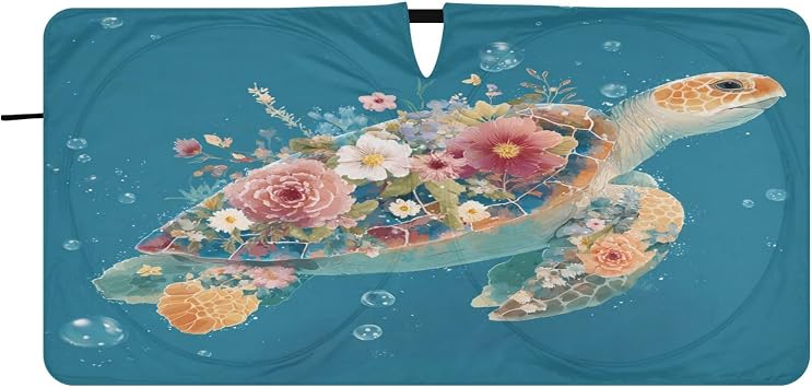 Floral Turtle Bubble Teal Windshield Sunshade with Storage Pouch Foldable Auto Sun Visor for Front Window Car Sun Shade for Truck SUV Shield Blocks UV Rays 30x59 Inches