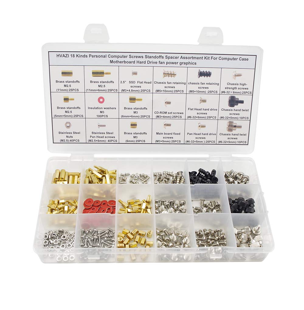 HVAZI HVAZI 18 Kinds Personal Computer Screws Standoffs Spacer Assortment Kit for Computer Case Motherboard Hard Drive Fan Power Graphics
