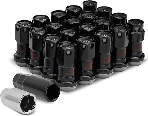 DNA Motoring Tuercas de llanta de extremo cerrado M12x1.25, 16 tuercas hexagonales universales + 4 tuercas de bloqueo estriadas con llaves Negro