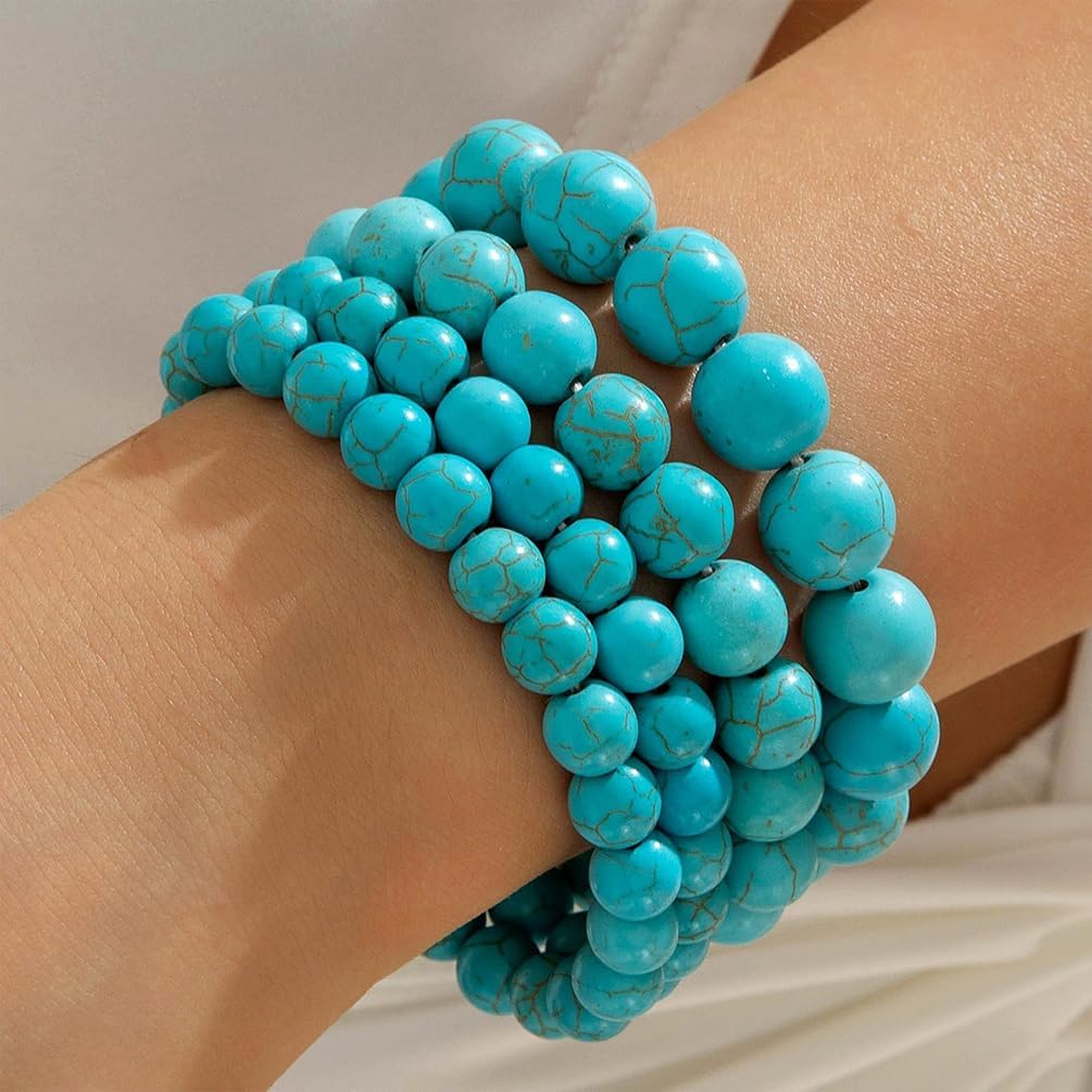 4Pcs Vintage Beaded Turquoise Bracelet Stacking for Women, Statement Retro Beads Bracelets Stackable Unique Boho Party Prom Western Jewelry Gifts - Image 3