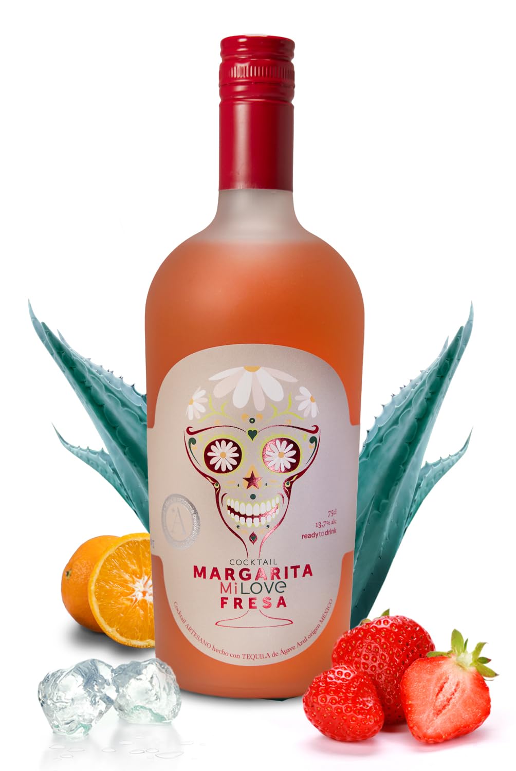 MiLove Margarita Fresa – Cóctel Premium, artesano y natural, elaborado con tequila Agave azul (México), fresas nacionales, limón mediterráneo, licor triple seco y jarabe simple – 75 cl.