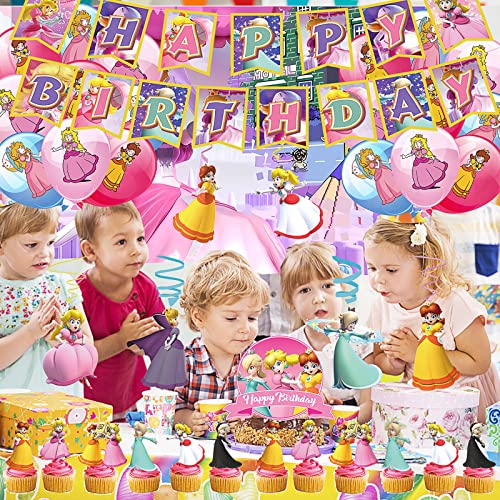 51 Pcs Princess Peach Birthday Party Decorations, Princess Peach Party Supplies With 1 Birthday Banner, 1 Backdrop, 1 Cake Topper, 24 Cupcake Topper, 18 Latex Balloons, 6 Swirls For Princess Fans #TOP6