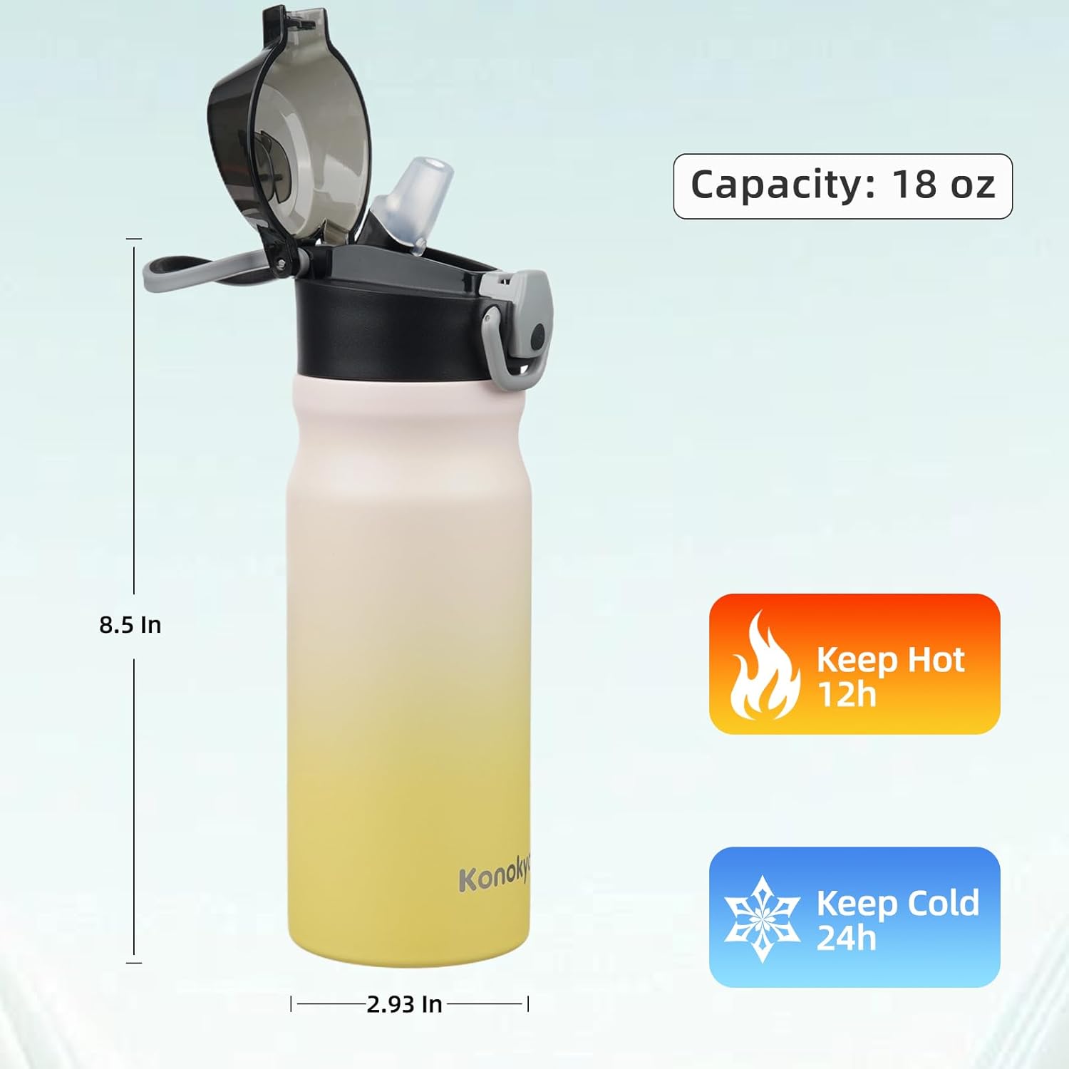 Insulated Water Bottle with Straw and Carry Loop,18 oz Stainless Steel Double Wall Vaccum Metal Water Flask with Leak-proof Lid,Lemon - Image 3