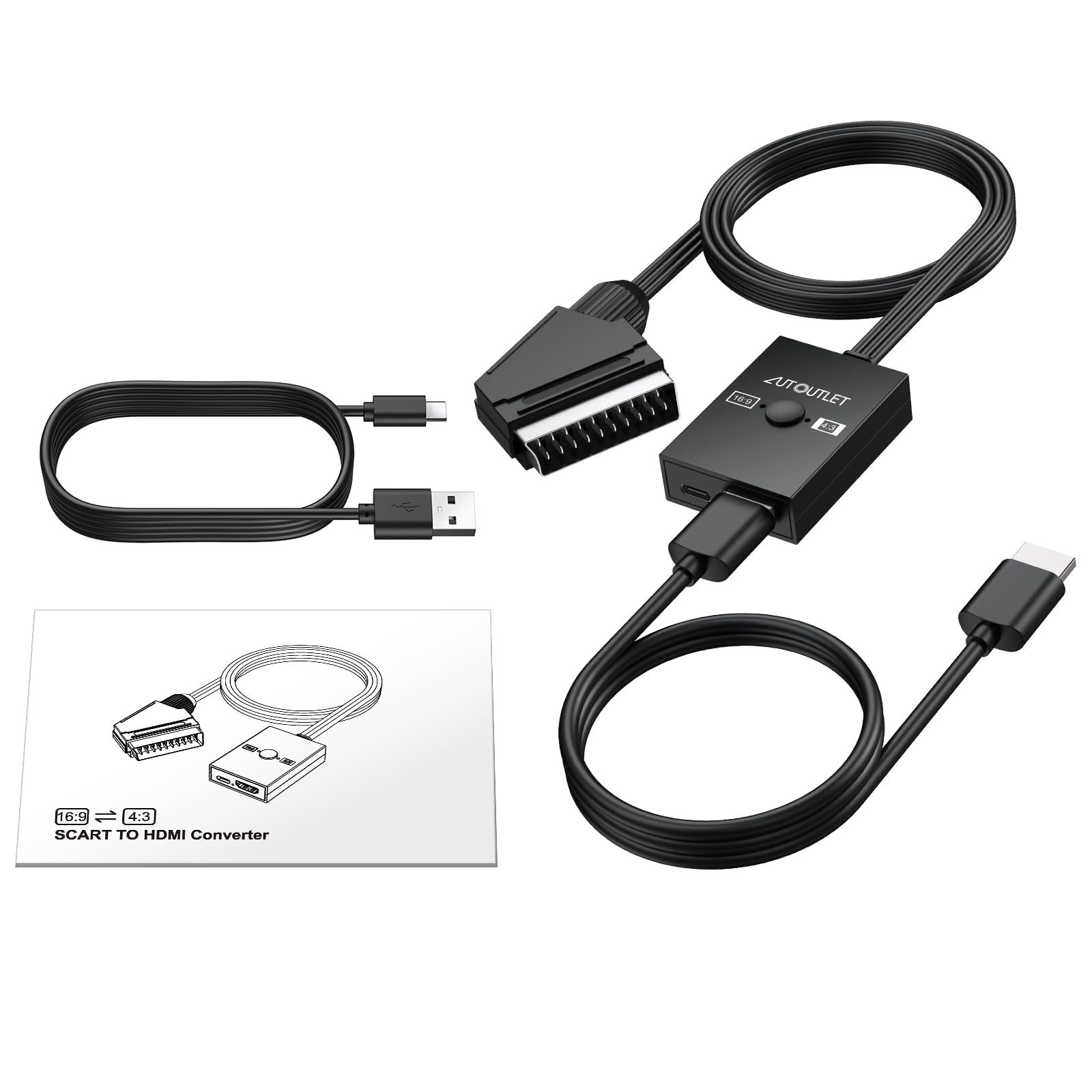 AUTOUTLET Convertisseur péritel vers HDMI, Adaptateur péritel 1080p vers HDMI, Conversion 16:9/4:3 CVBS Composite Adaptateur Audio vidéo Prend en Charge PAL/NTSC Scart vers HDMI
