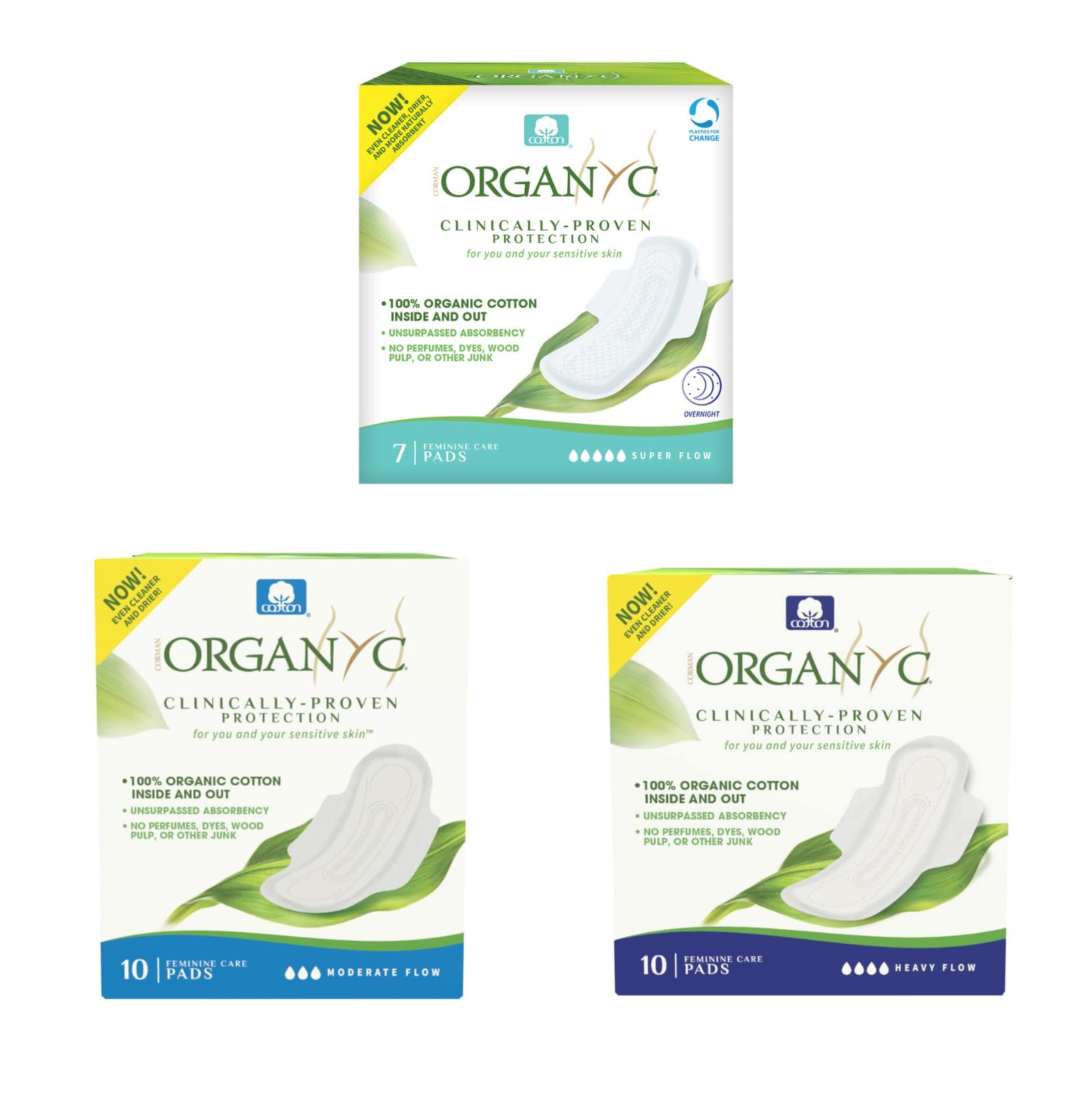 Organyc 100% Certified Organic Cotton Inside and Out Feminine Pads, Heaviest Flow (Overnight) + Heavy Flow + Moderate Flow