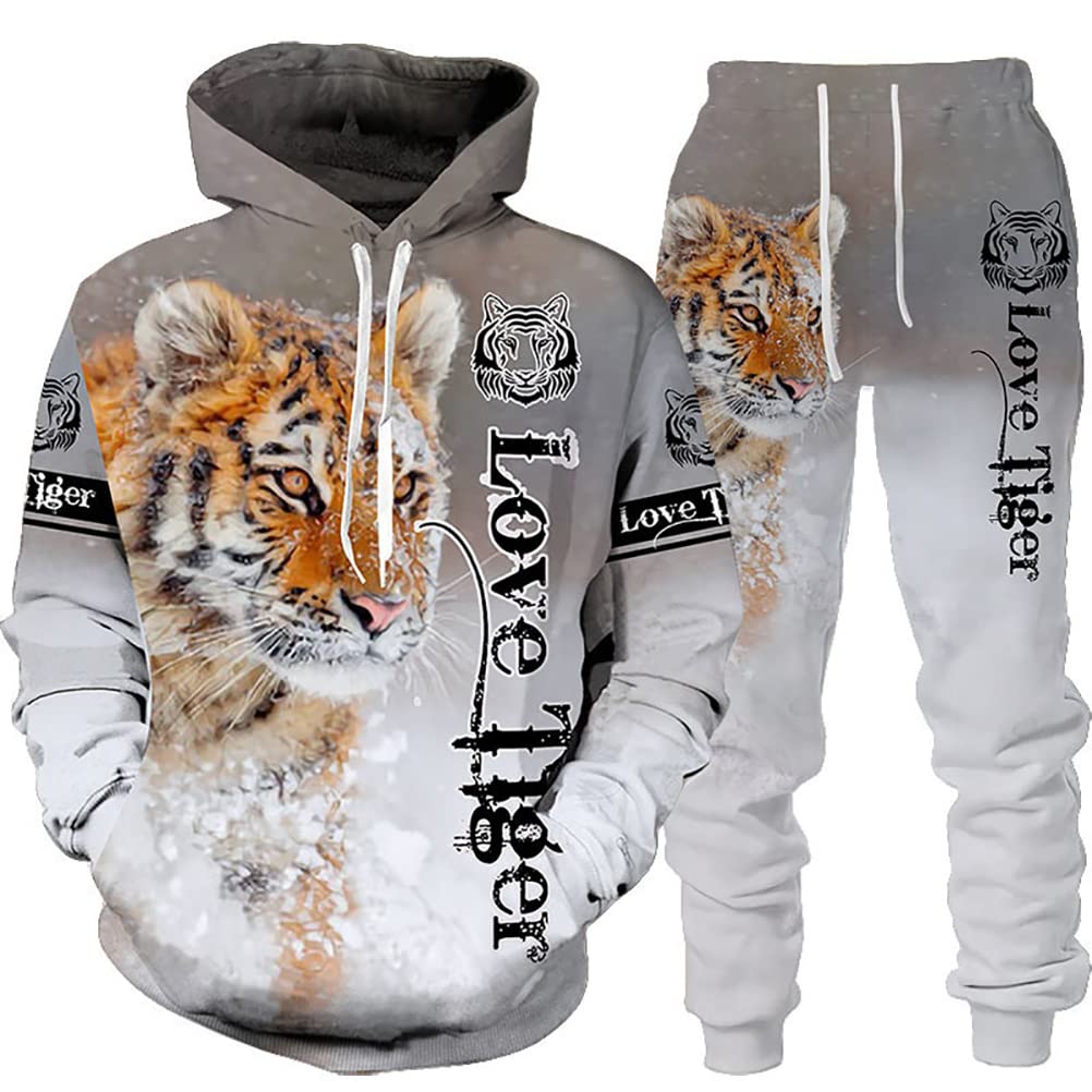Herren Trainingsanzug 3D Gedruckter Jogginganzug Zweiteiliges Set Freizeitanzug mit Löwen Tigermuster Sportswear für Herren Hoodie Jogging Hose