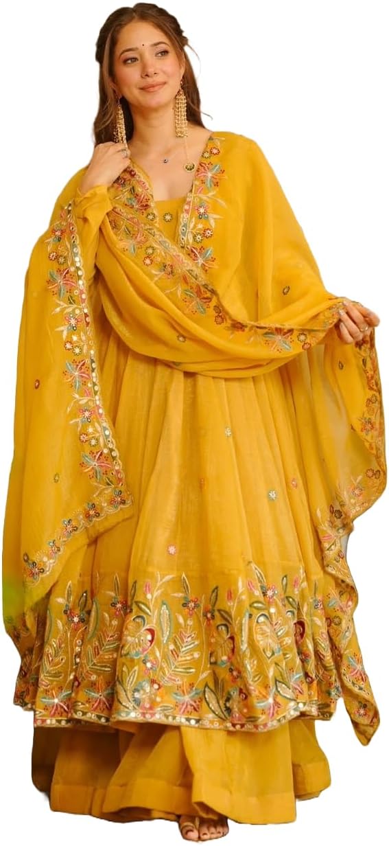 Premium Anarkali Suit Set for Women | Soft Crunchy Silk Embroidered Gown with Sharara & Dupatta |