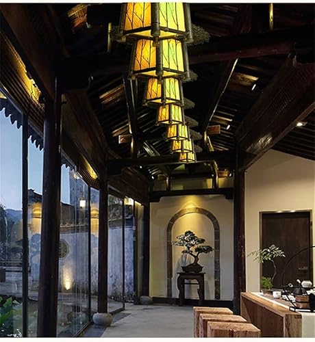 Miniatura 2 de Farmhouse Retro Bamboo Weaving Pendant Light, Suspention Lamp with Antique Parchment Paper Shade Ceiling Mount for Bar Restaurant Bohemia Lighting