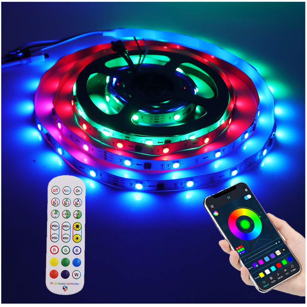 XUNATA Kit de Tira de LED RGB de Música y Bluetooth de 12 V- Dream Full Color WS2811 30LEDs/m Tira de Luz Autoadhesiva, Control Remoto, Fuente de alimentación (15m, Impermeable)