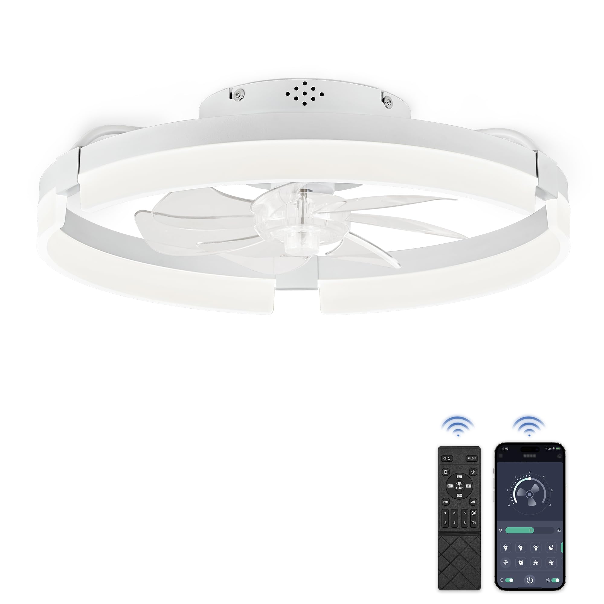 ZMISHIBO Ceiling Fan with LED Light 50 cm Modern Low Profile, Quiet, Reversible Flow Lamp Ceiling Fan, 6 Speeds, 3 Light Tones, for Bedroom/Living Room, White