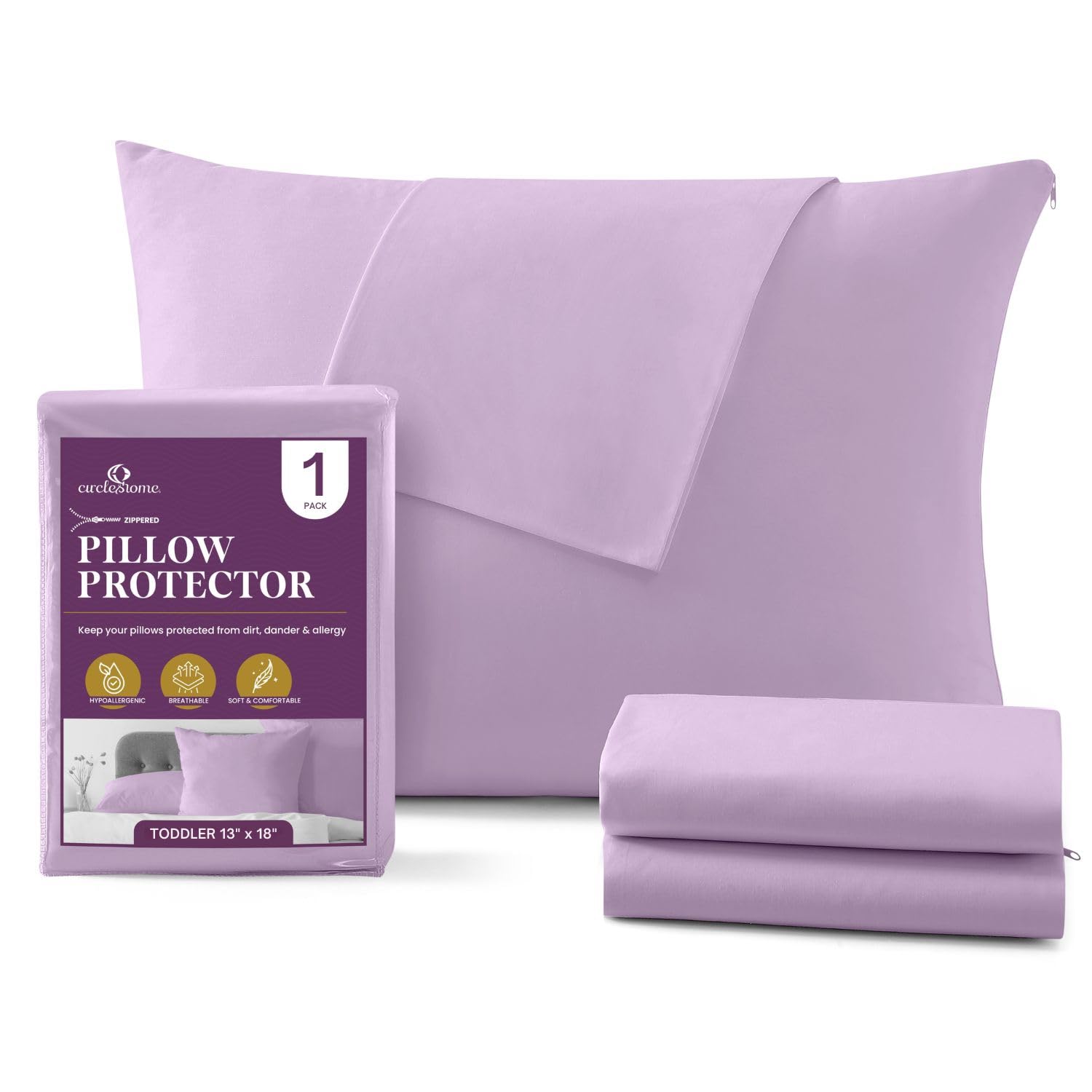 CirclesHome Toddler Pillow Protector with Zipper, Cotton 13x18, Lavender