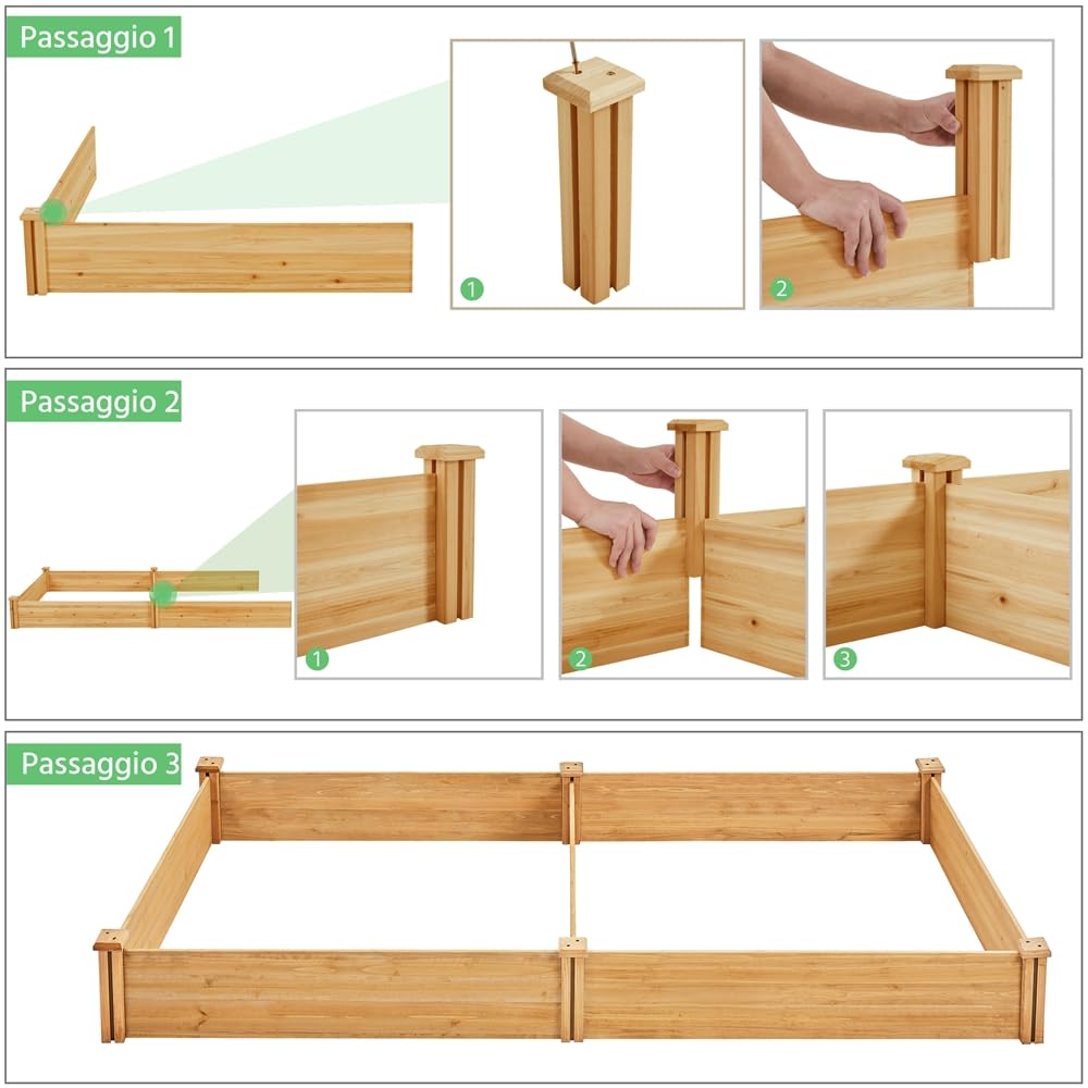 Yaheetech Letto Rialzato da Giardino in Legno Massiccio 234,5 cm × 120,5 cm × 25,2 cm con Griglia Centrale Fioriera da Giardino per Coltivazione Marrone Chiaro