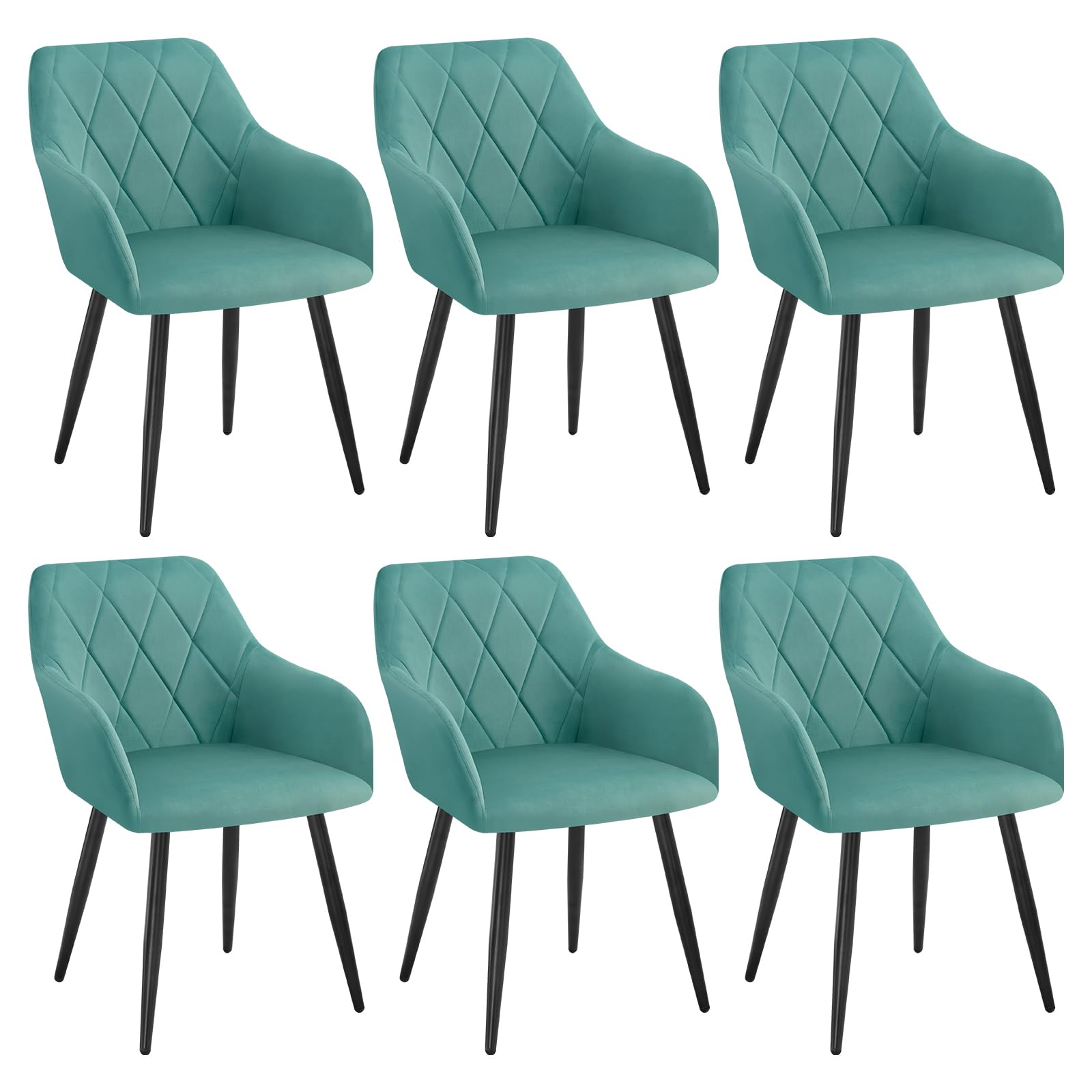 WOLTU 6er Set Esszimmerstühle mit Armlehne Rückenlehne, für Esszimmer Wohnzimmer Küche, Bequeme Küchenstühle gepolstert mit Samtbezug, Metallbeinen, Türkis