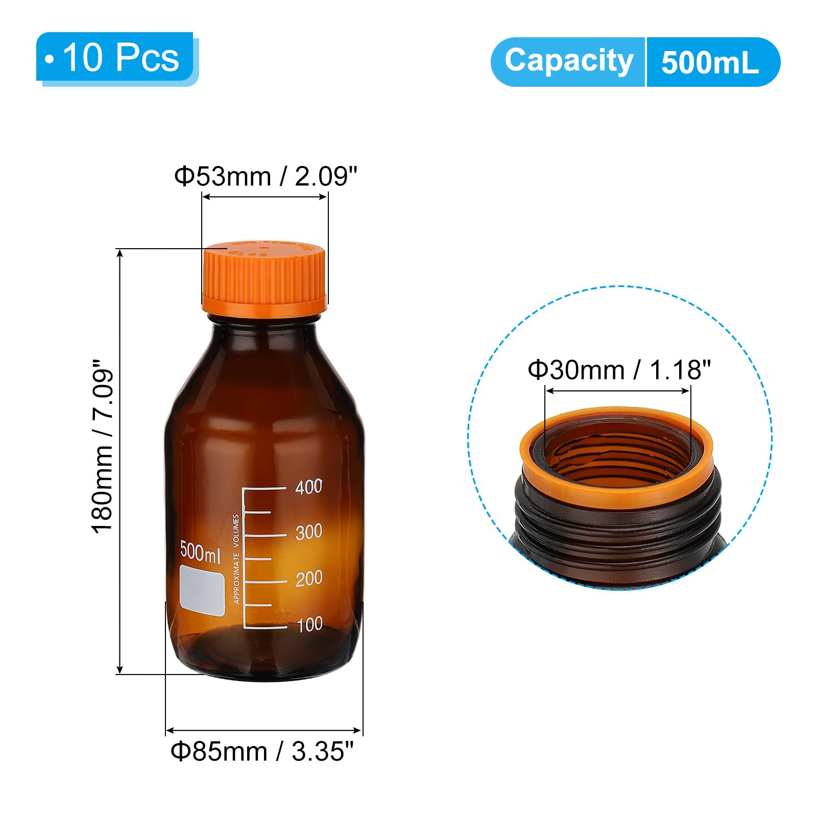 PATIKIL 10er Pack Reagenzgläser Aufbewahrungsflaschen 500ml Borosilikatglas Graduierte Runde Flaschen Mit Orangefarbenem GL32 Schraubverschluss Für Laborwasser Reagenzien Flüssigkeiten