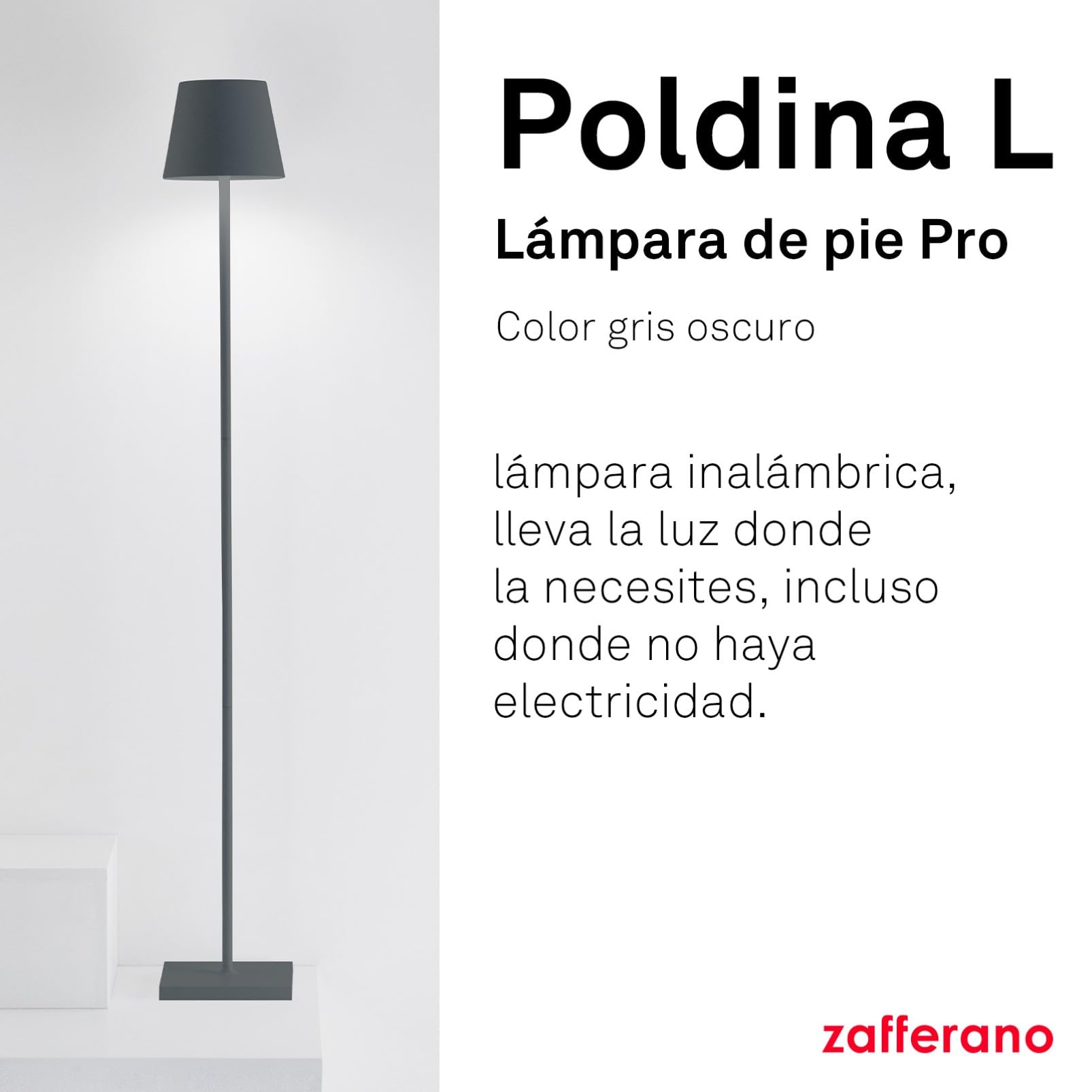 Zafferano, Lámpara Poldina L, Lámpara de Pie Recargable e Inalámbrica con Control Táctil, Adecuada para Interior y Exterior, Atenuador, 2200-3000 K, Altura Ajustable 52-122 cm, Color Gris Oscuro