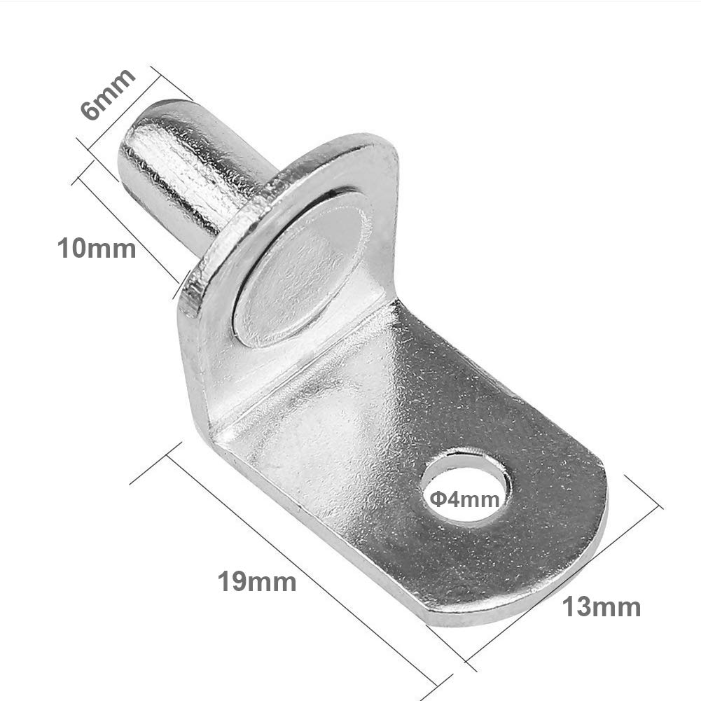 "50 Pcs 6mm Shelf Pins, L-Shaped Nickel Plated Shelf Support Pegs with Hole for Cabinet, Bookcase, Closet, Kitchen Furniture - Durable Metal Bracket Holders". — Amazon image 2