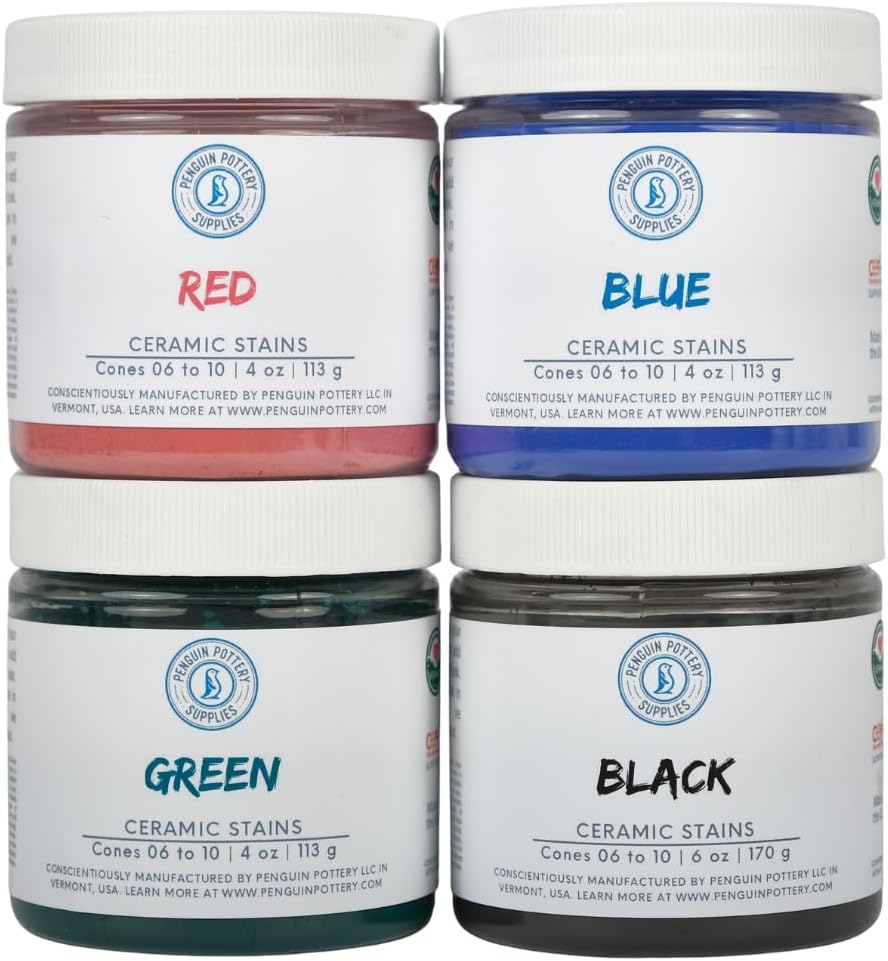 Penguin Pottery - Variety Set of 4 Ceramic Stains - 6 oz Black, 4 oz Each of Red, Blue and Green - Colorants for Clay, glazes, Clay Slip Pottery Glaze, Ceramic Glaze