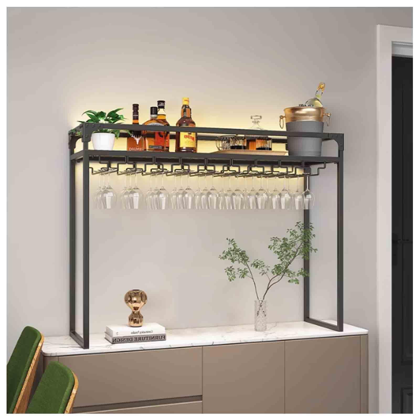 Élégant organiseur de bouteilles de vin noir avec porte-verres, finition comptoir chic