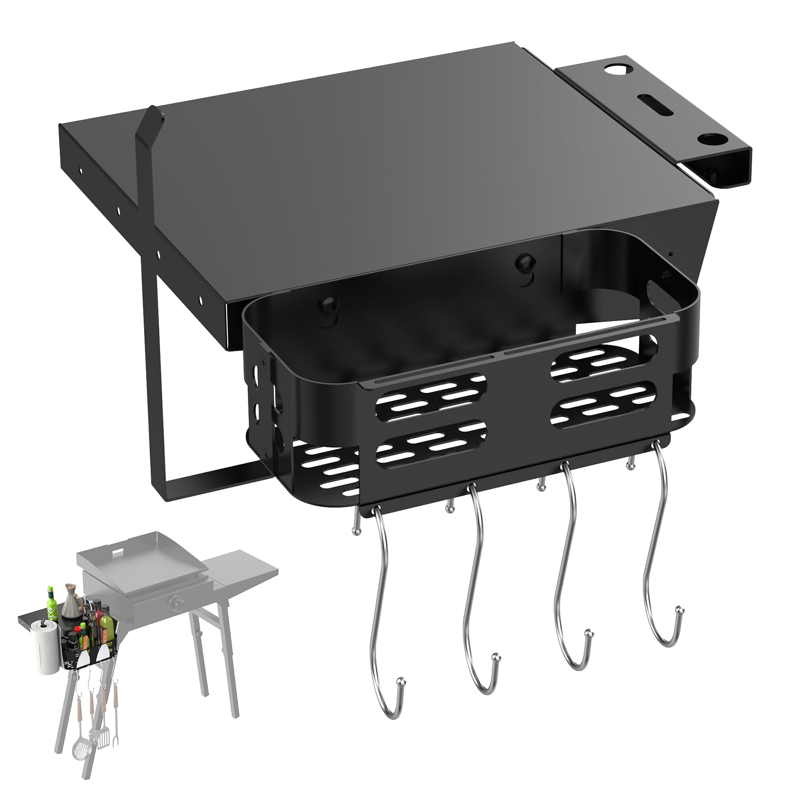 Griddle Stand Side Shelf and Griddle Caddy for Blackstone 17" 22" Griddle Stand, Griddle Shelf and Grill Caddy for Blackstone 5013 Griddle Stand with Tool Hooks, Paper Towel Holder and Spatula Holder