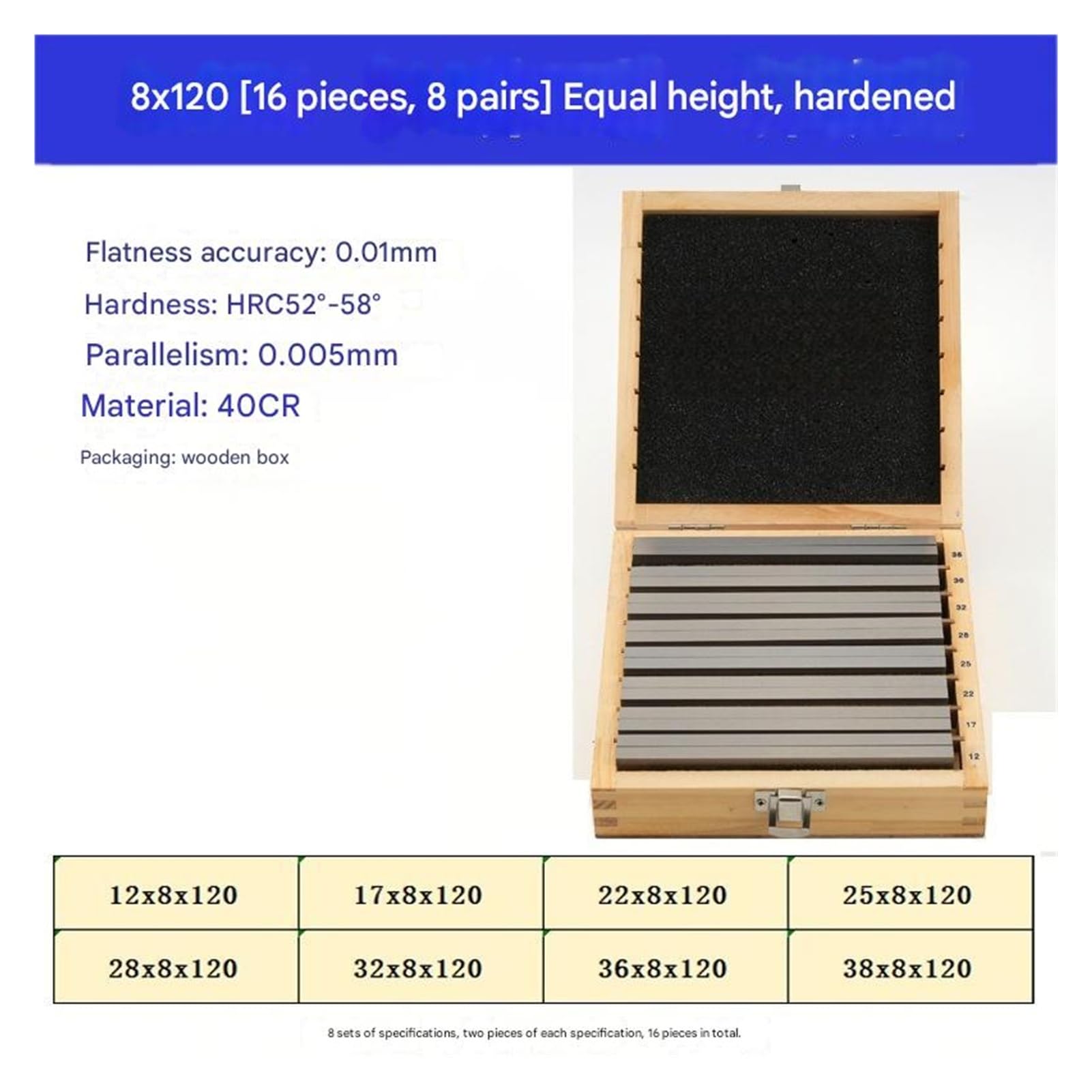 8 * 12/17/22/25/28/32/36/38 * 120mm 16 Uds 8 pares bloque de calibre almohadilla paralela juego almohadillas fresado CNC acero aleación para metrología profesional
