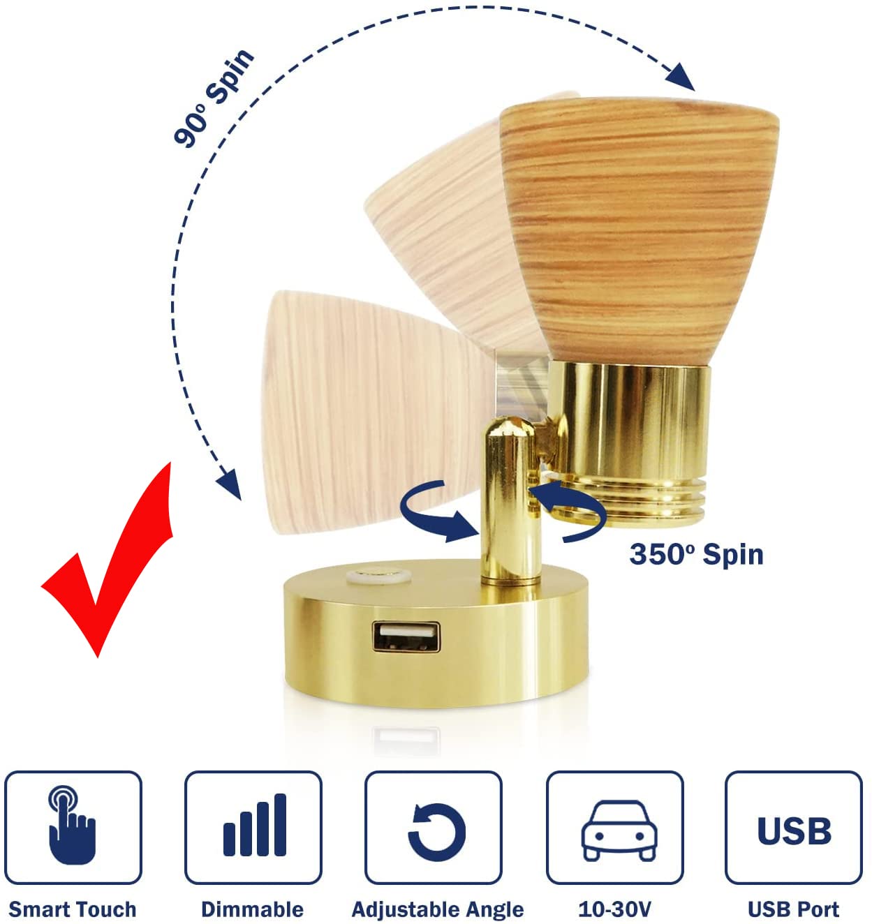 2 luces de lectura RV de 12 voltios con puerto USB, vidrio esmerilado con acabado pulido de madera, luces interiores, aluminio con acabado dorado