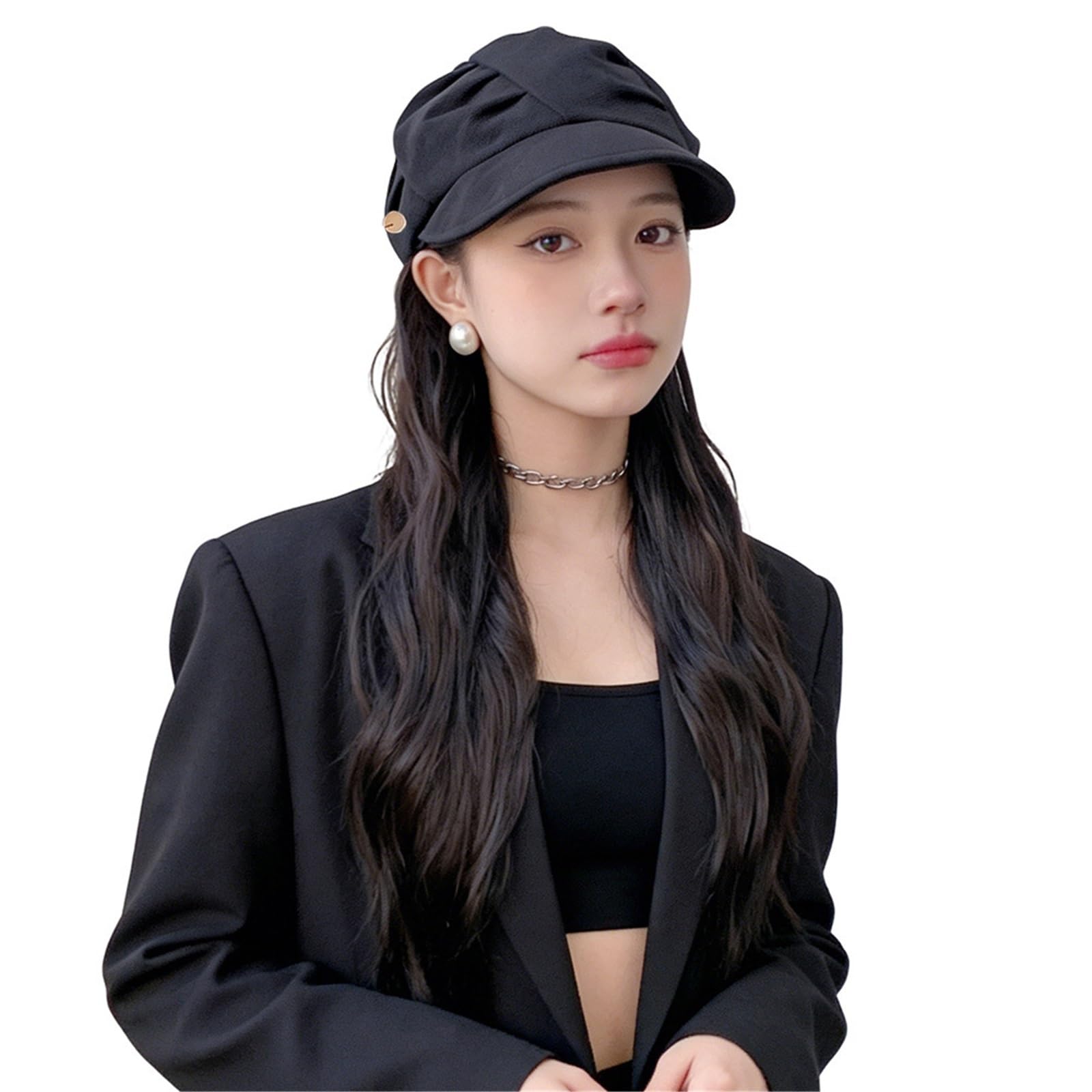 Libangrong-888 Women's One Color Wigs Big Wave Long Curled Hair Wig Hat Integrated Headset Natural Wig