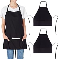 Jubatus 2 Pack Black 100% Cotton Adjustable Bib Aprons with 3 Large Pockets for Chefs, Men & Women Kitchen Cooking