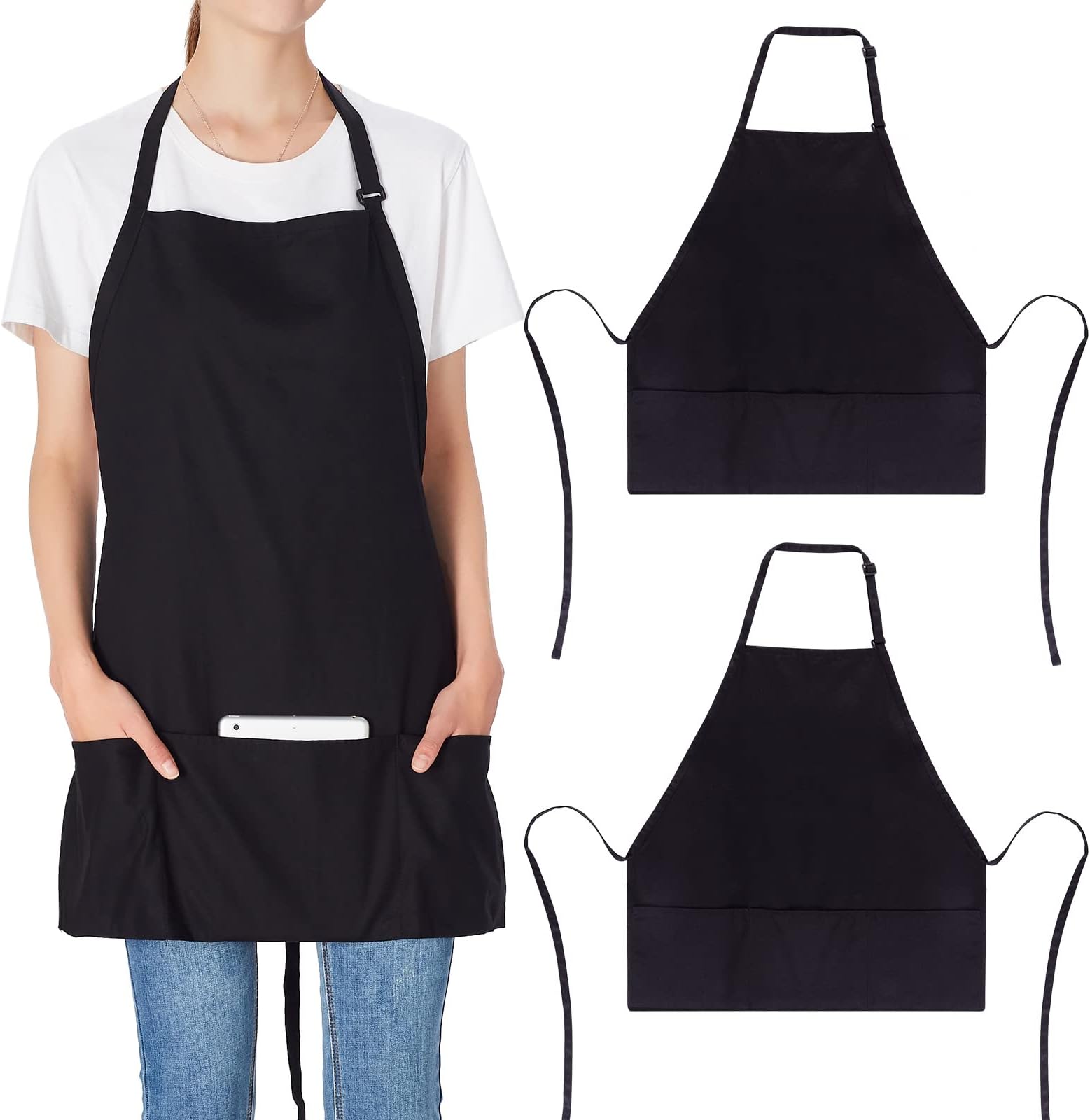 2 Pack 3 Pockets 100% Cotton Adjustable Bib Apron Chef Kitchen Cooking Aprons for Women Men, Black