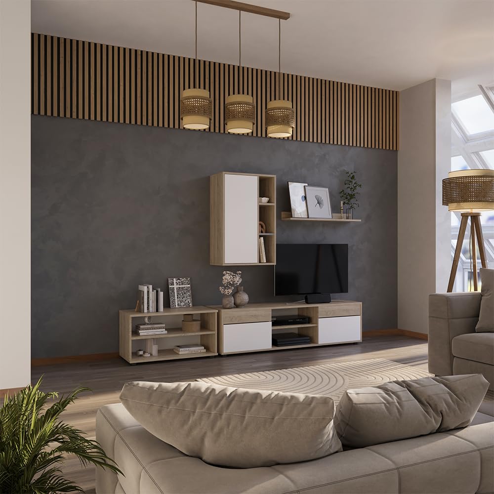 Vicco Parete attrezzata soggiorno Berno, Sonoma/Bianco, 2 parti, per la conservazione di accessori multimediali e l'esposizione di decorazioni
