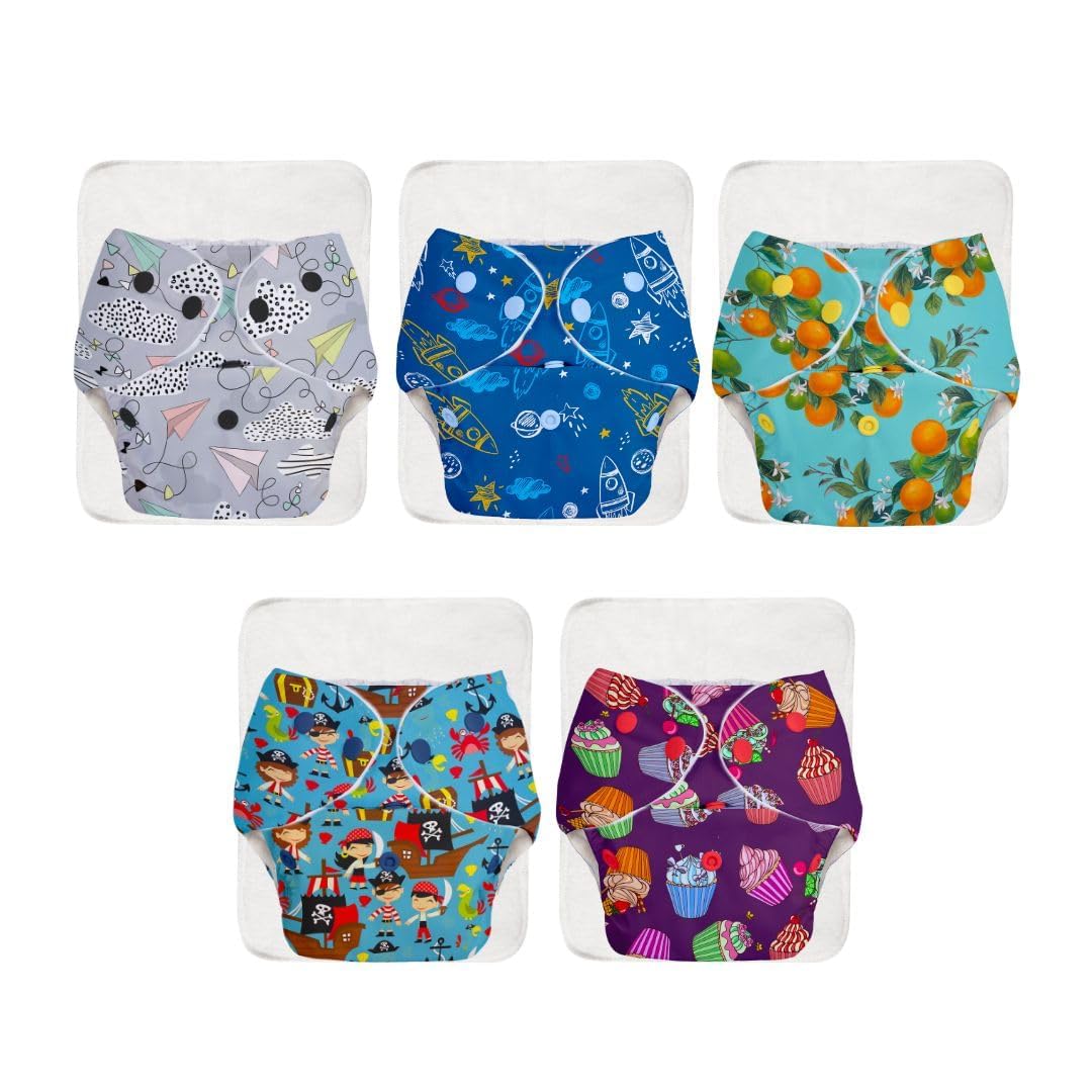 SuperBottoms BASIC 5 Reusable Cloth Diaper for babies 0-3Y | Freesize, Washable baby Diapers (with dry feel pad/insert) | Assorted