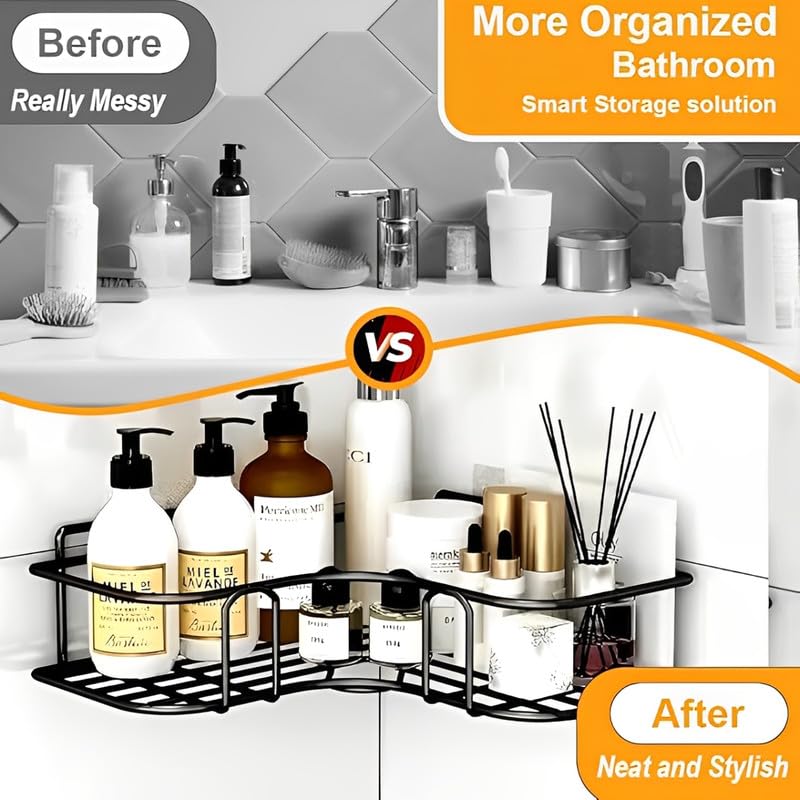 Image of Puno Steel Corner Shelf Rack (Pack of 2) - No Drill Self Adhesive Bathroom Wall Organizer | Matte Black Rustproof Kitchen Storage Rack for Toiletries & Bottles